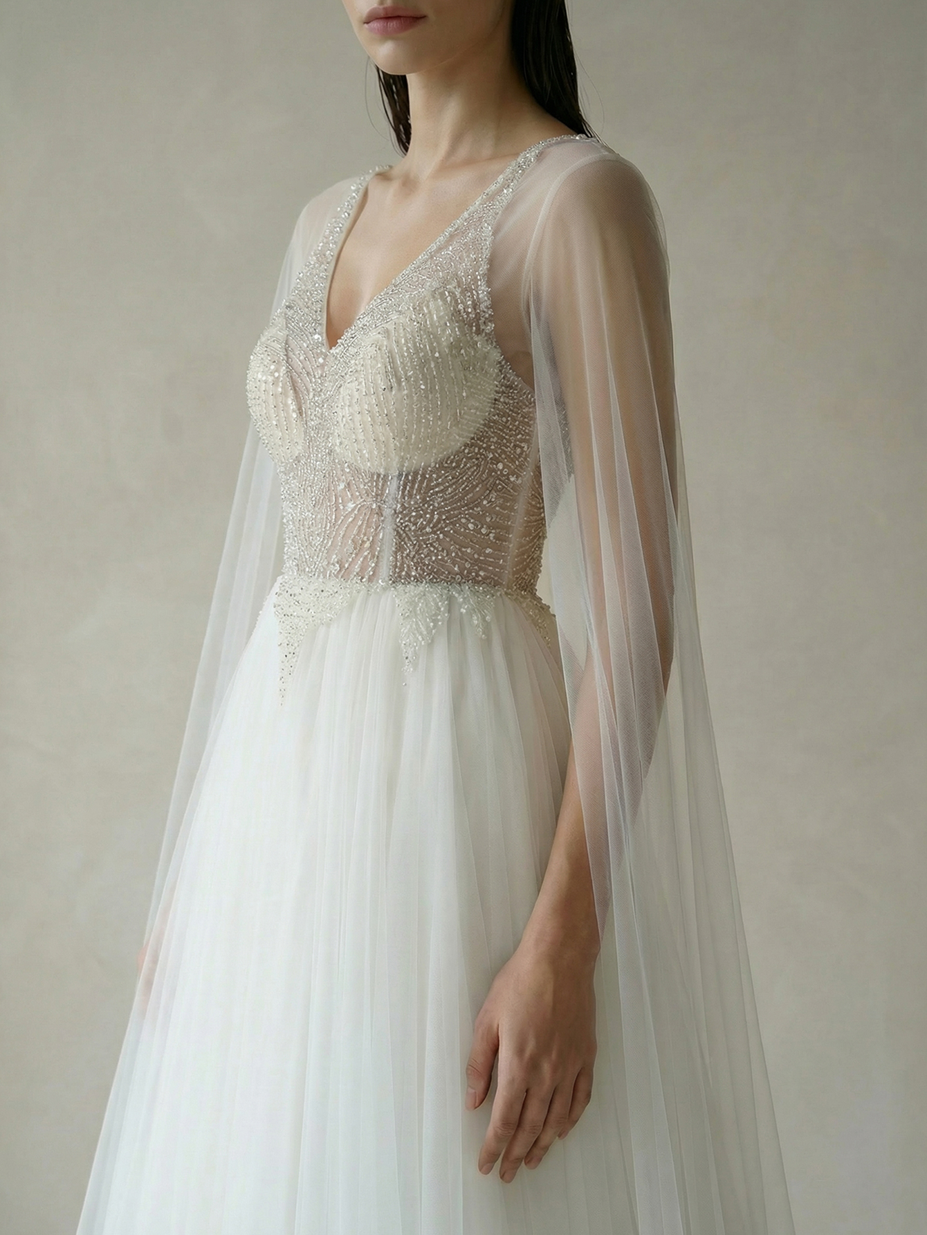 A Line V neck Extra-Long Sleeve Wedding Dress with Beading