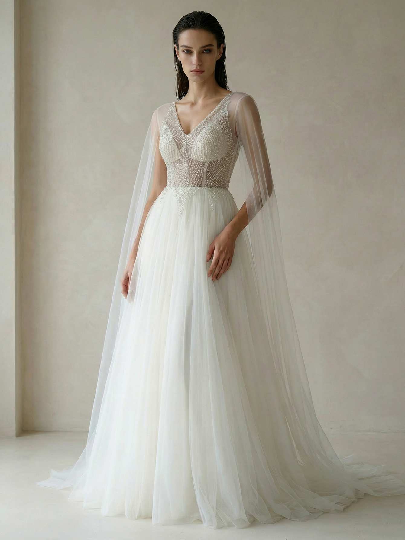 A Line V neck Extra-Long Sleeve Wedding Dress with Beading