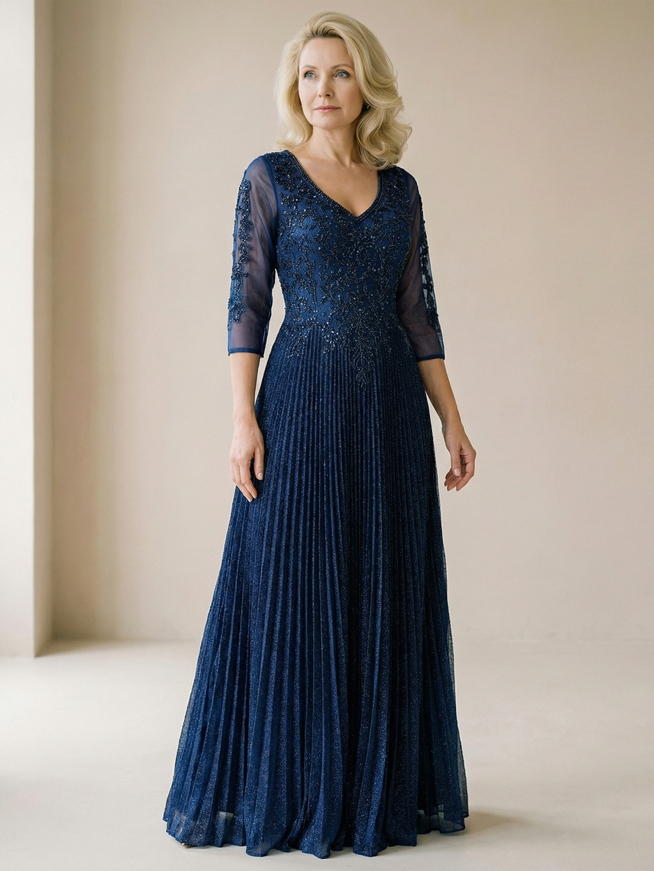 A-line Beaded Mesh V-Neck Mother of the Bride Dress