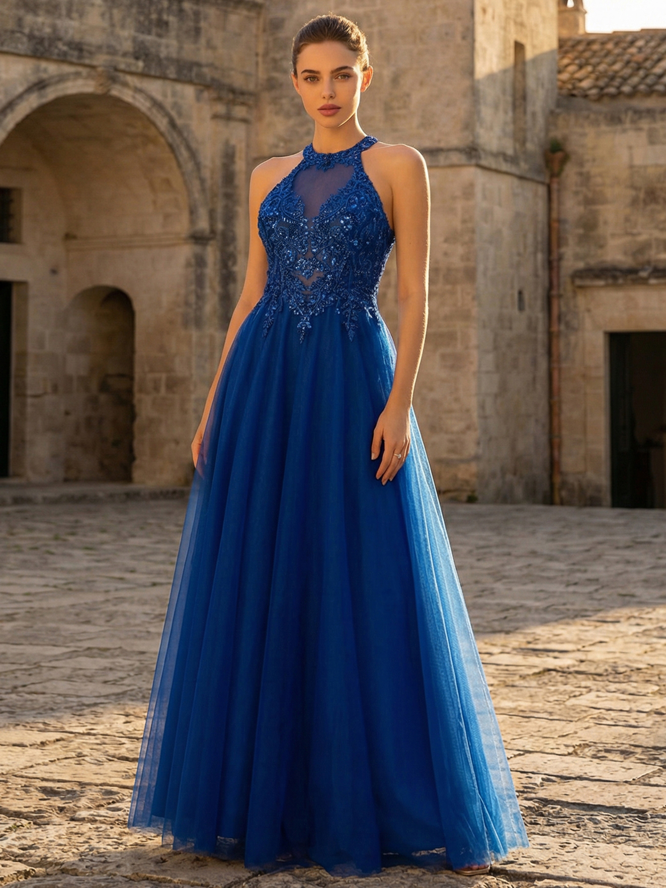 A-line Halter Neckline Sleeveless Tulle Long Prom Dress with Appliqued Beading