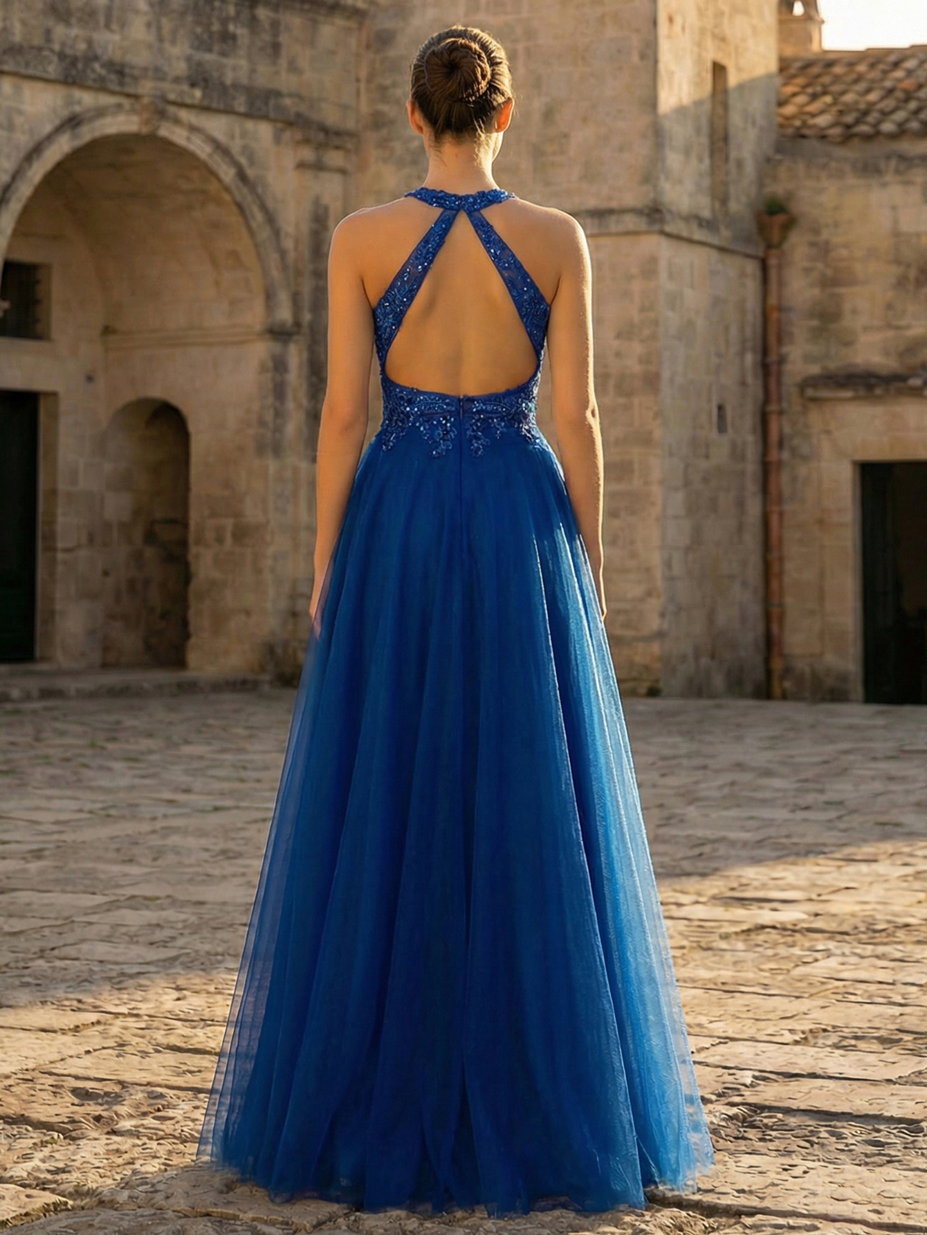 A-line Halter Neckline Sleeveless Tulle Long Prom Dress with Appliqued Beading
