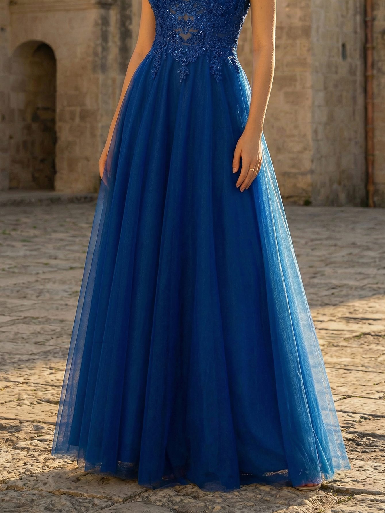 A-line Halter Neckline Sleeveless Tulle Long Prom Dress with Appliqued Beading
