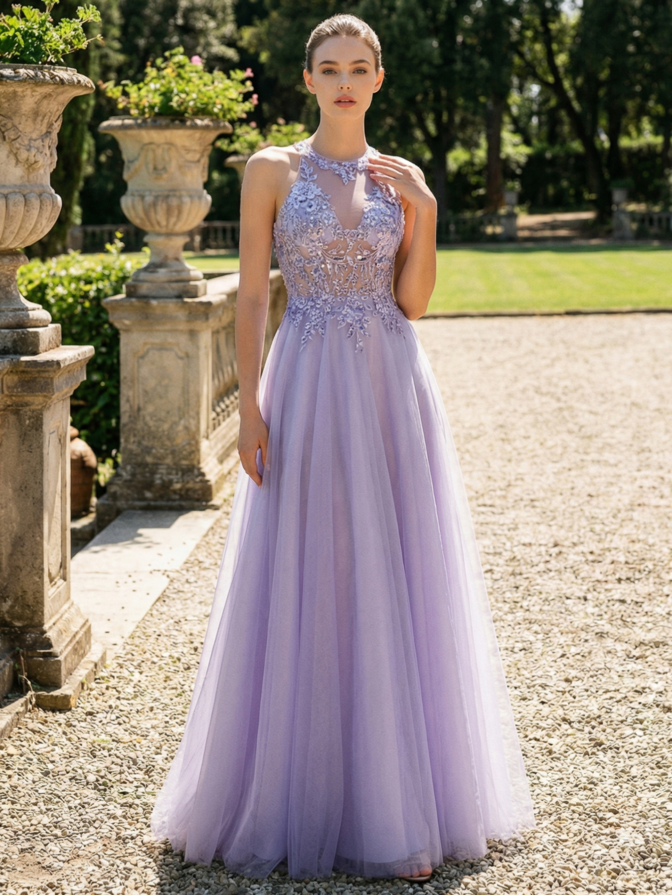 A-line Halter Neckline Sleeveless Tulle Long Prom Dress with Appliqued Beadinga