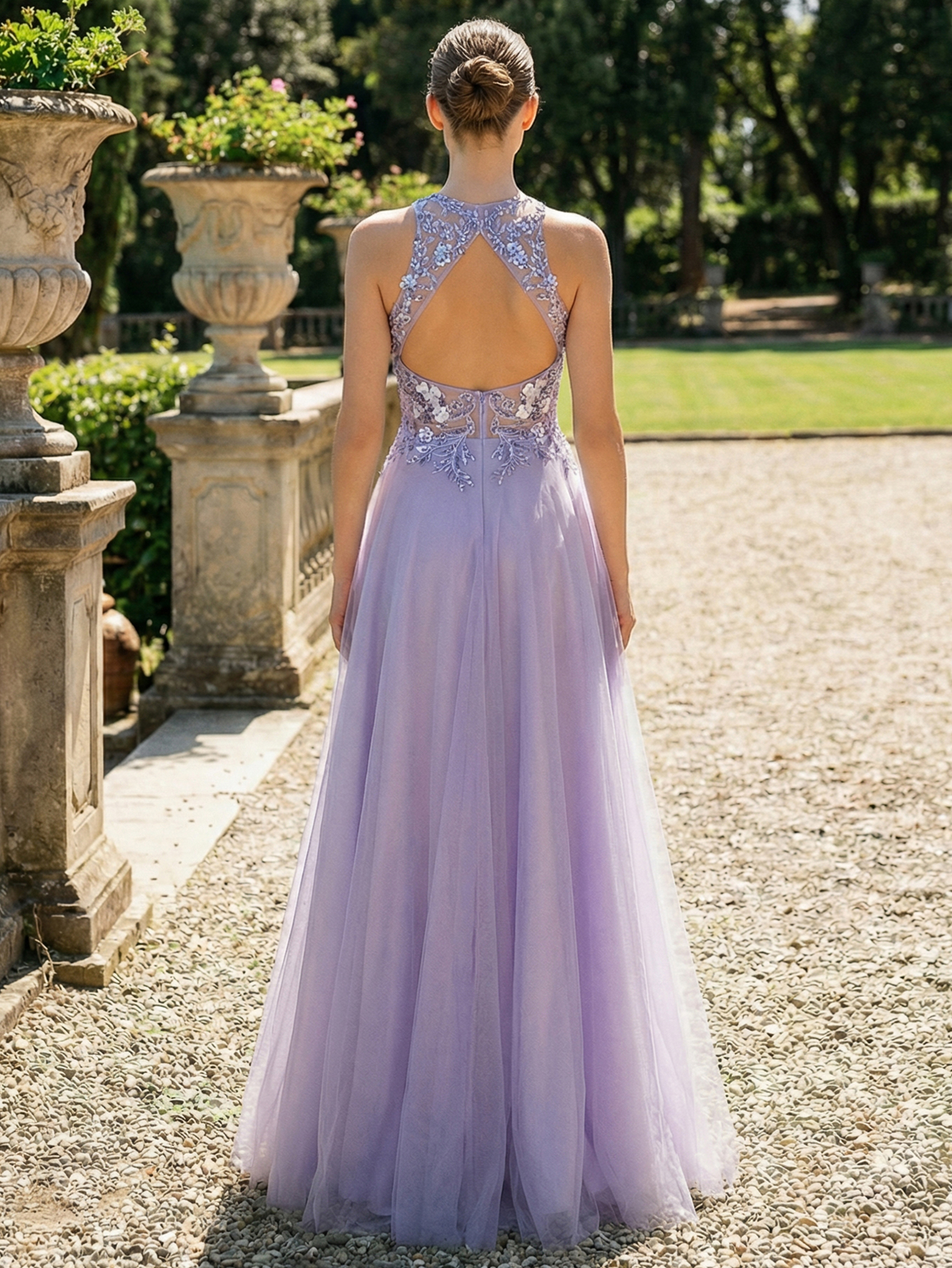 A-line Halter Neckline Sleeveless Tulle Long Prom Dress with Appliqued Beadinga