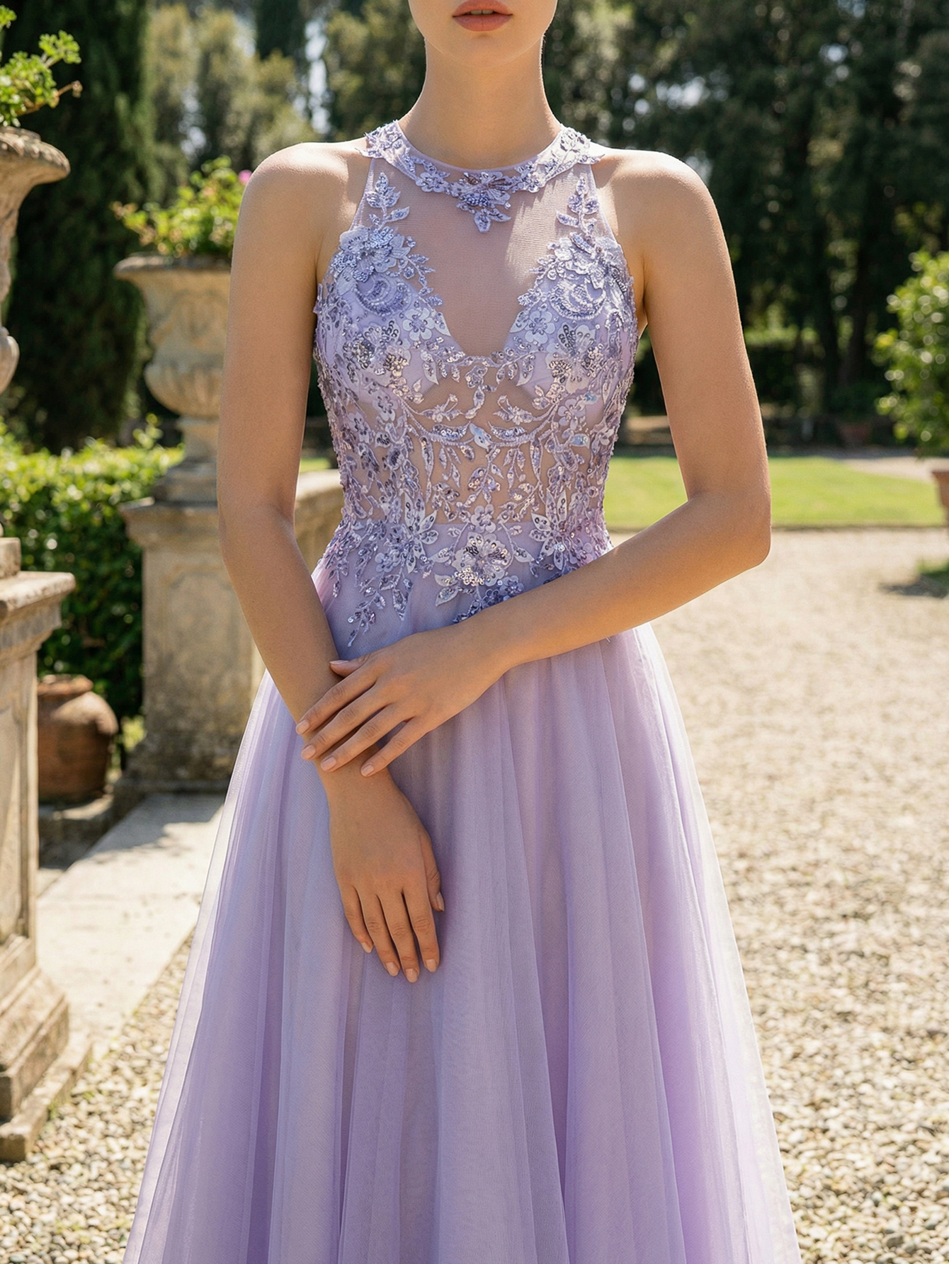 A-line Halter Neckline Sleeveless Tulle Long Prom Dress with Appliqued Beadinga