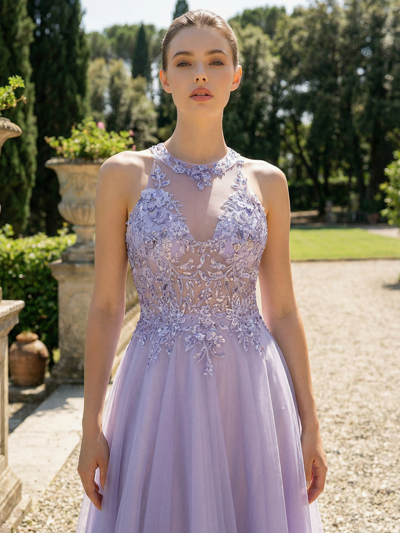 A-line Halter Neckline Sleeveless Tulle Long Prom Dress with Appliqued Beadinga