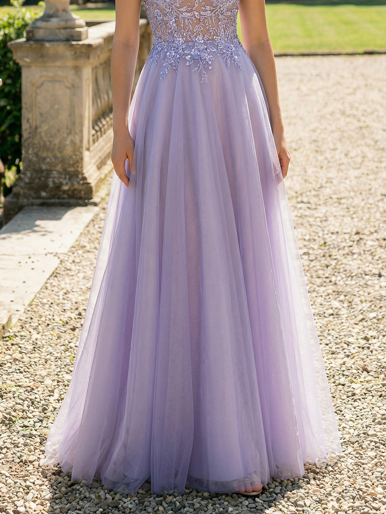 A-line Halter Neckline Sleeveless Tulle Long Prom Dress with Appliqued Beadinga