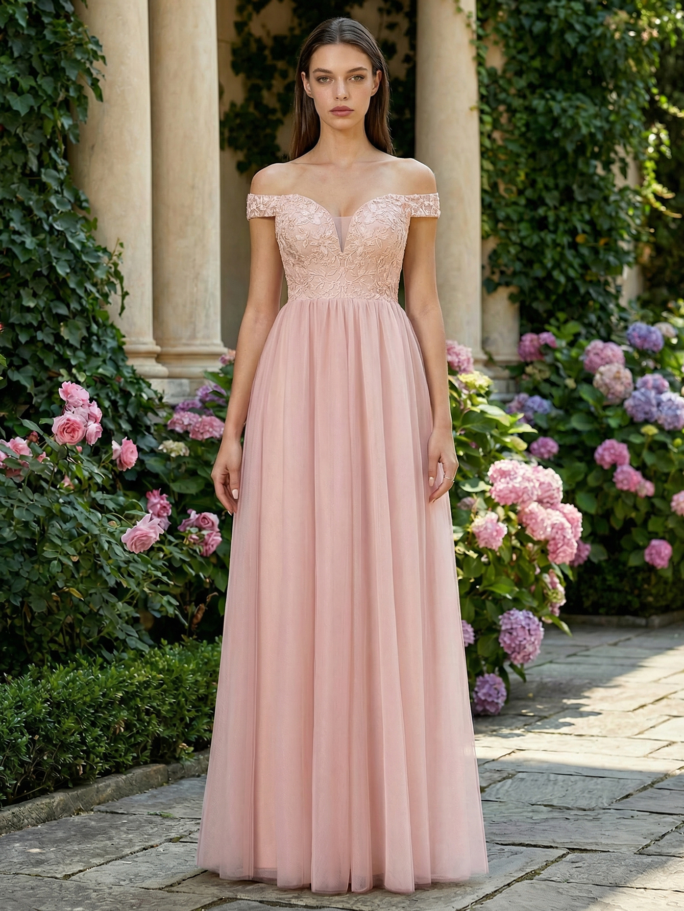 A-line Off The Shoulder Tulle Long Prom Dress with Beading