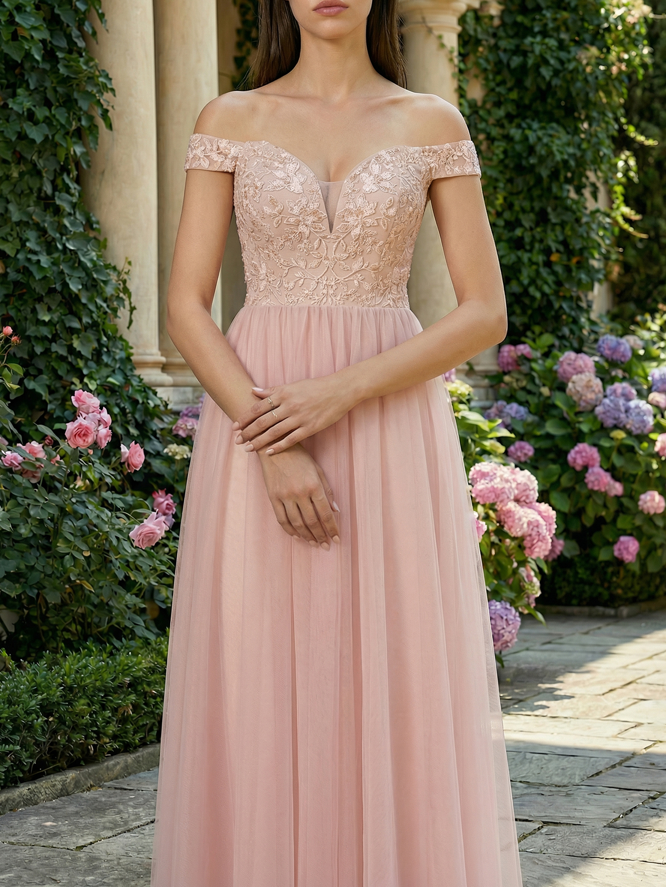 A-line Off The Shoulder Tulle Long Prom Dress with Beading