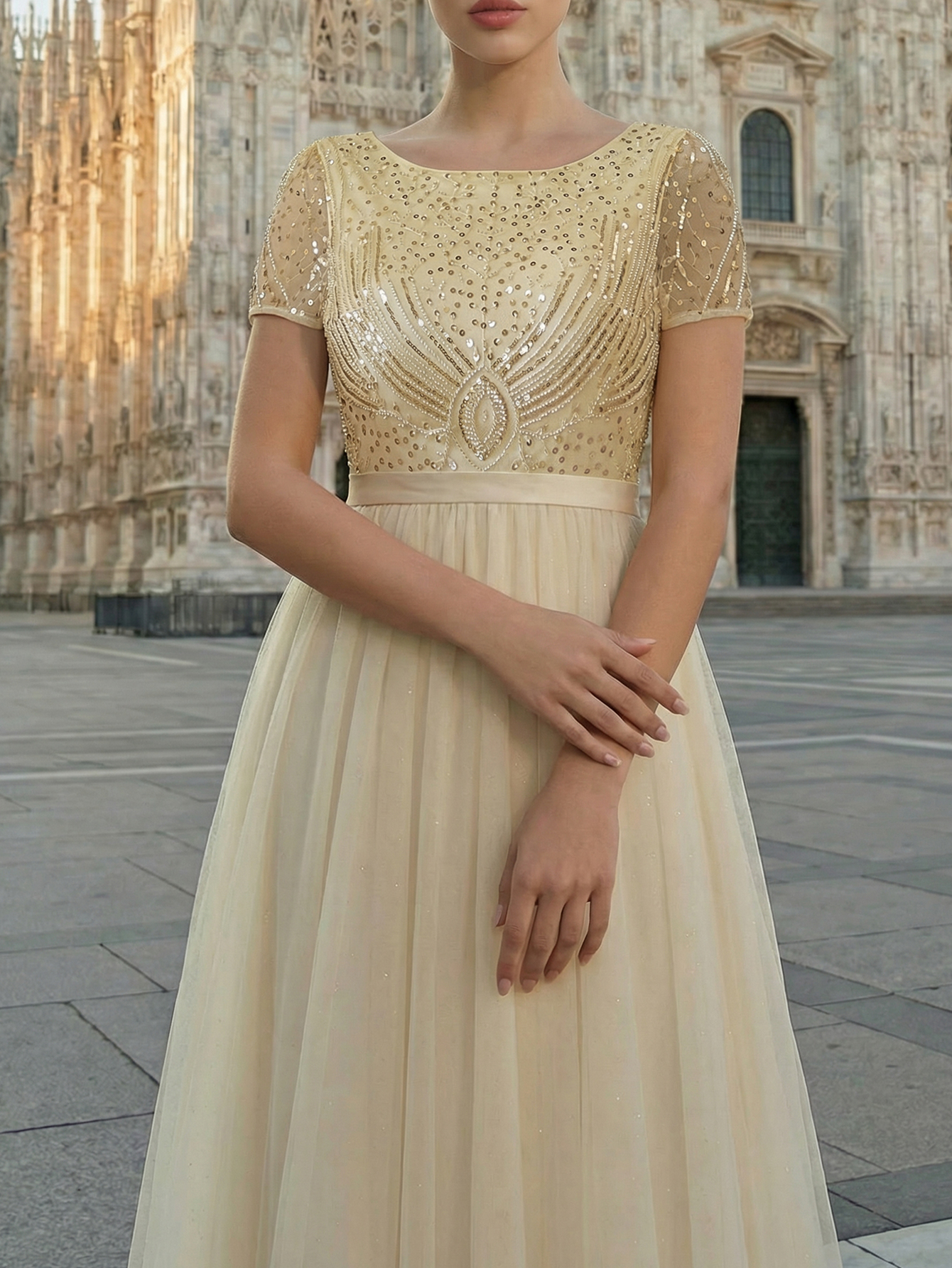 A-line Round Neck Sleeveless Tulle Long Prom Dress with Beading