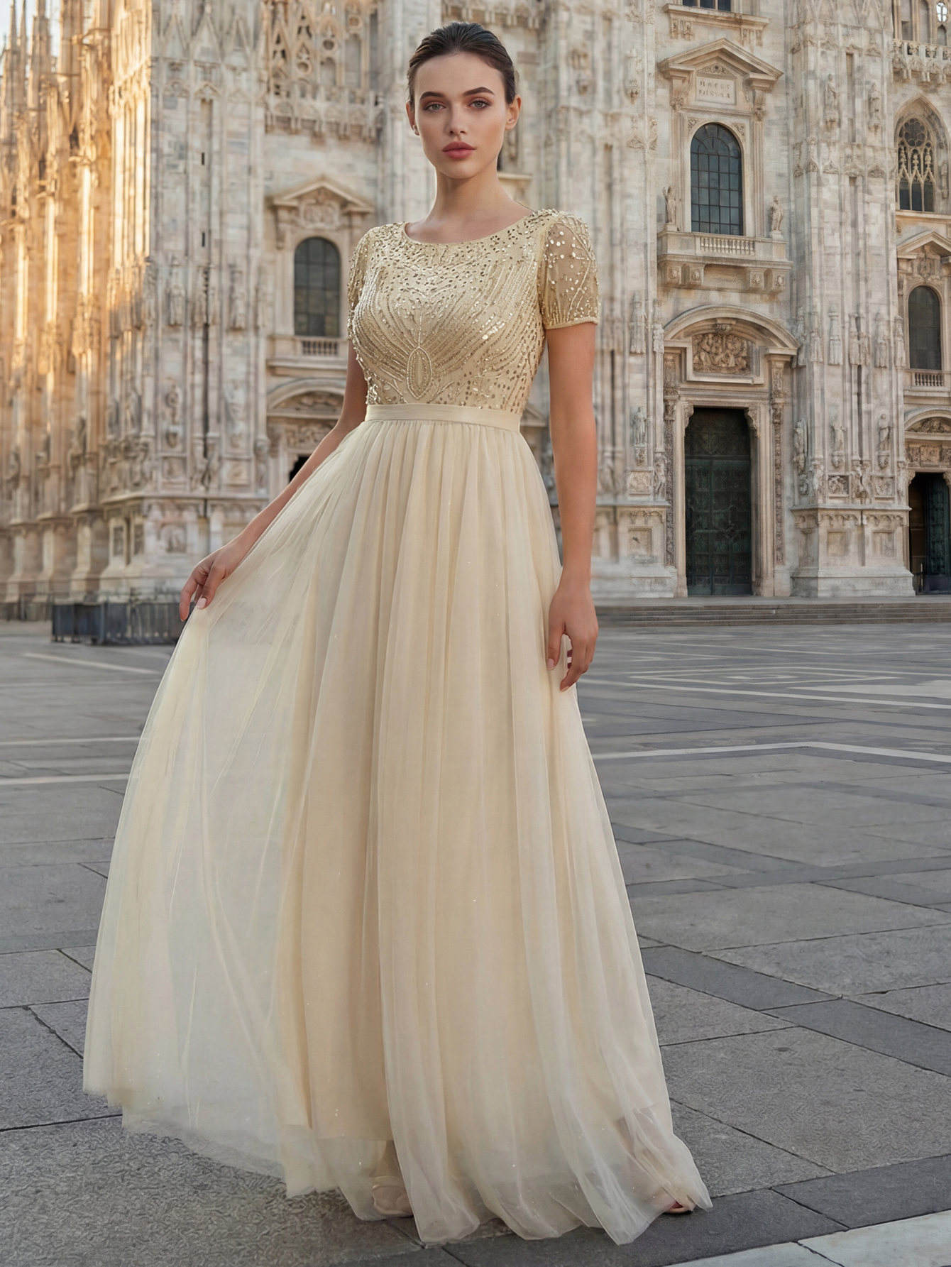 A-line Round Neck Sleeveless Tulle Long Prom Dress with Beading