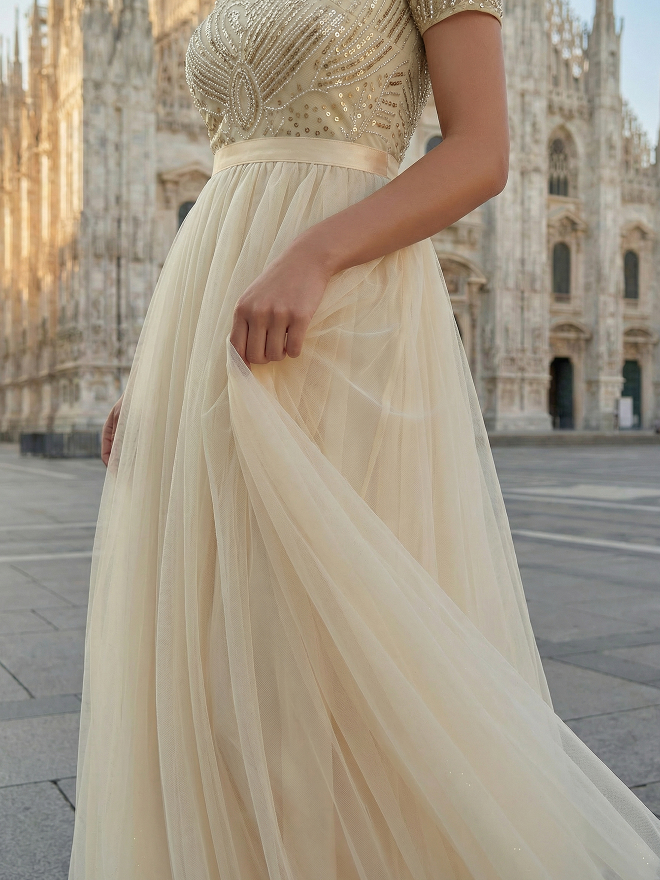 A-line Round Neck Sleeveless Tulle Long Prom Dress with Beading
