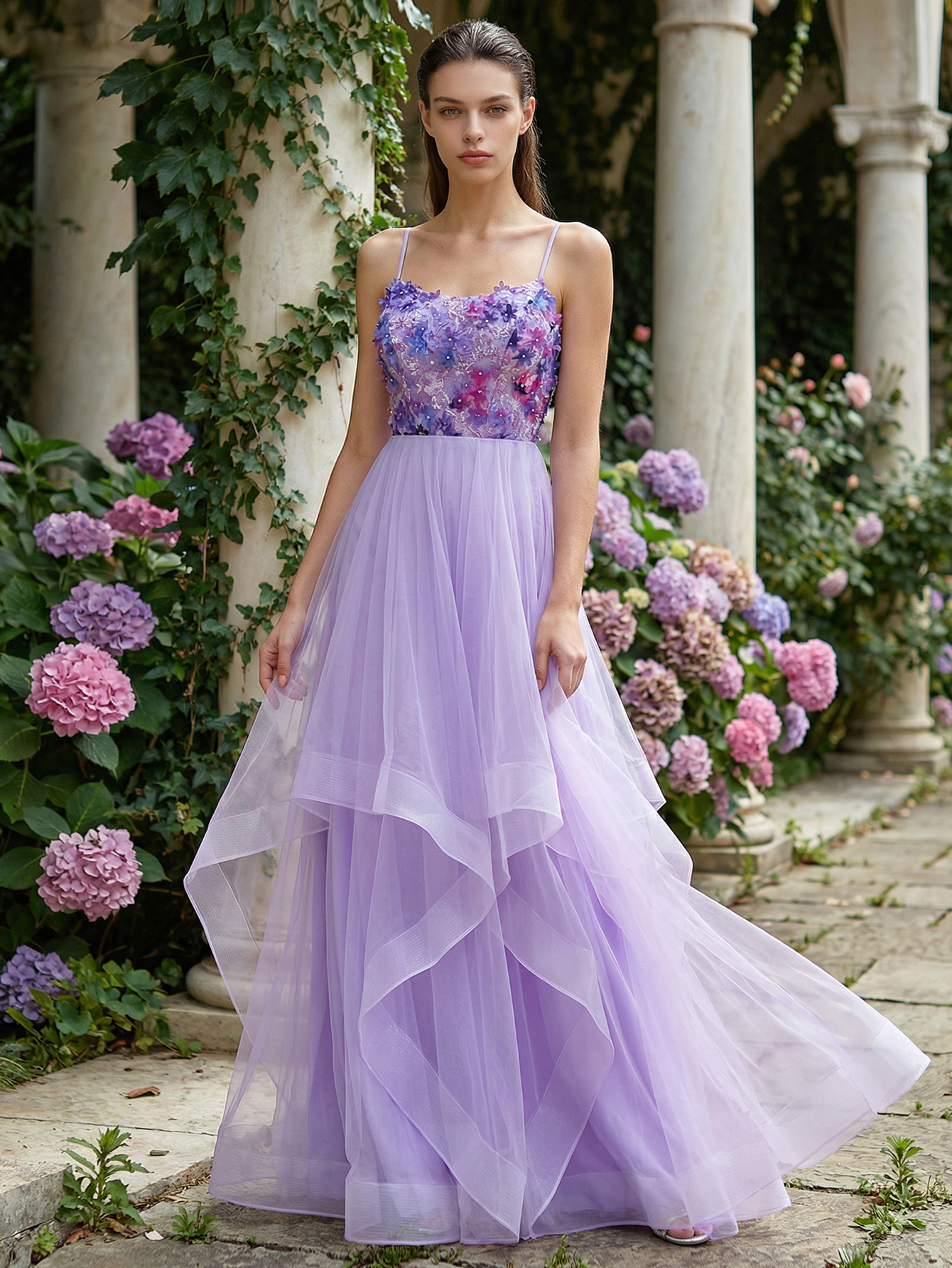 A-line Sleeveless Tulle Long Prom Dress with Appliqued