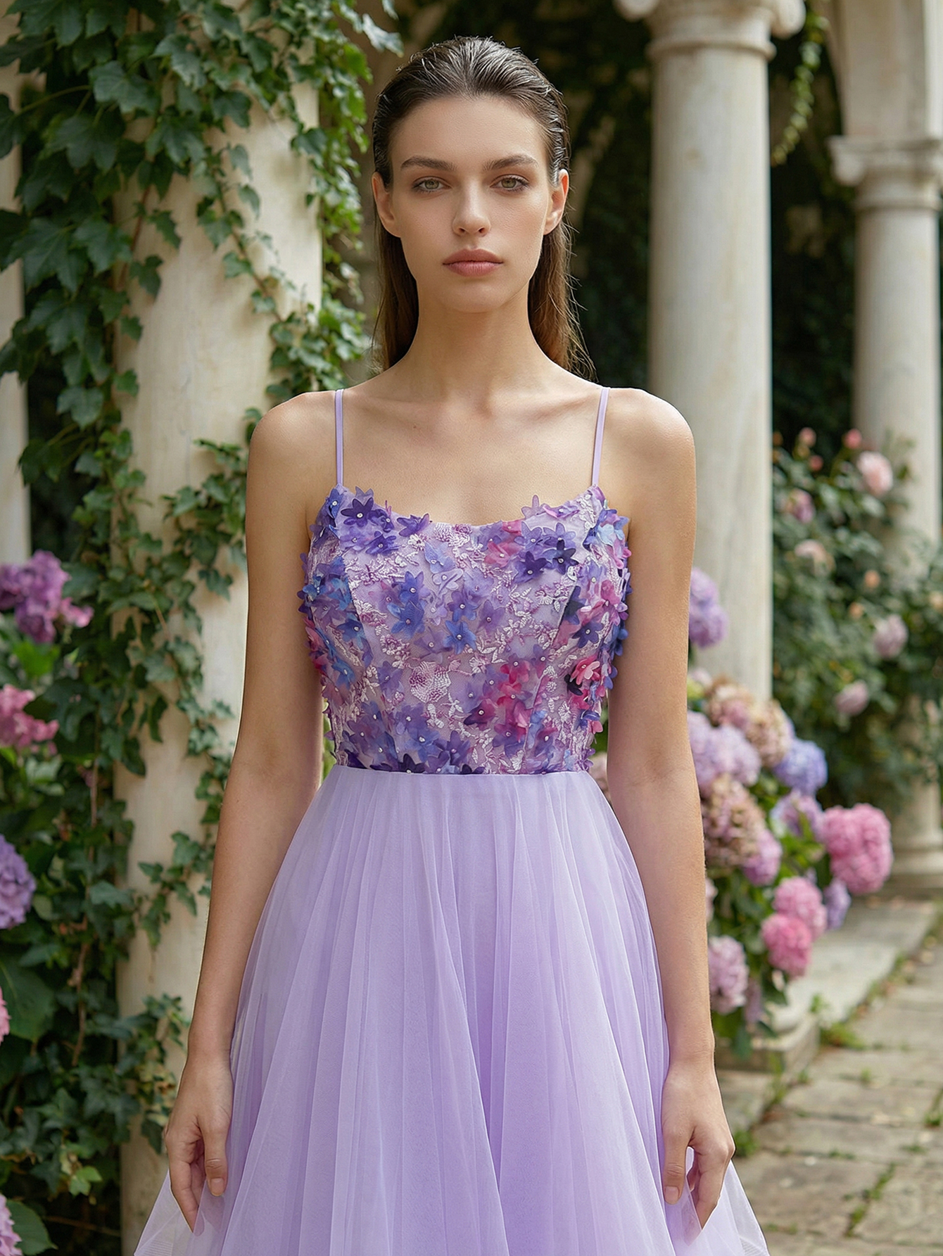 A-line Sleeveless Tulle Long Prom Dress with Appliqued