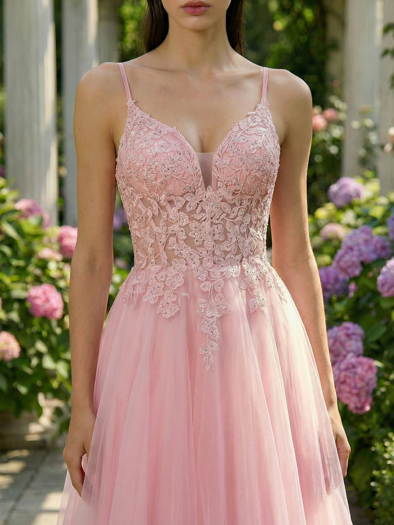 A-line Sleeveless Tulle Long Prom Dress with Appliqued Beading