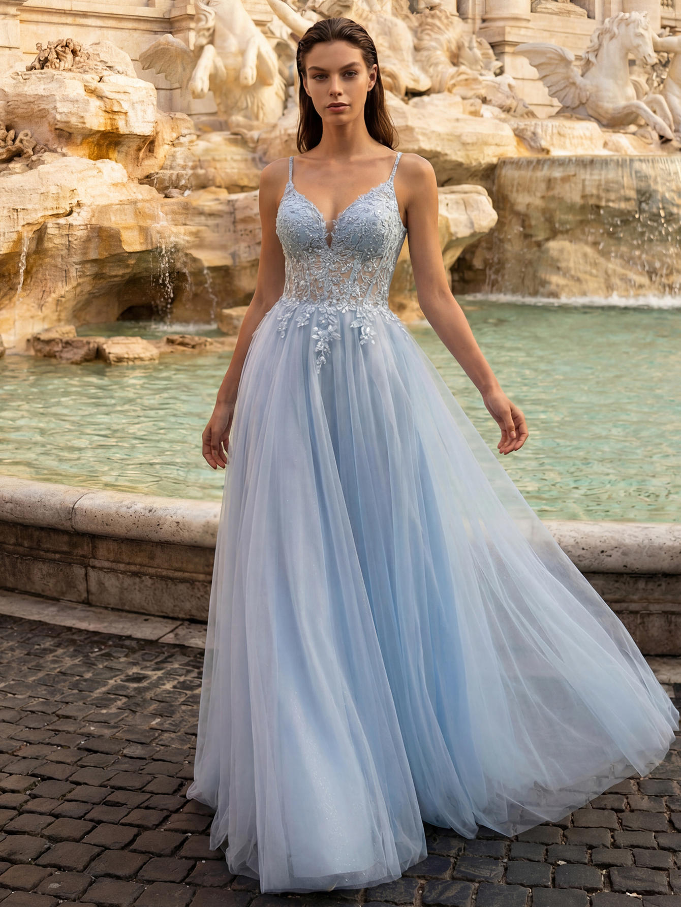 A-line Sleeveless Tulle Long Prom Dress with Appliqued Beading