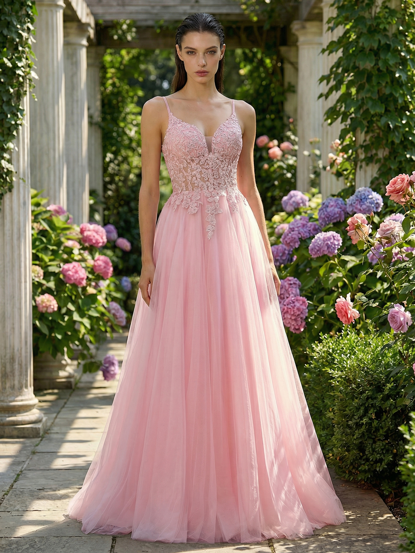 A-line Sleeveless Tulle Long Prom Dress with Appliqued Beading