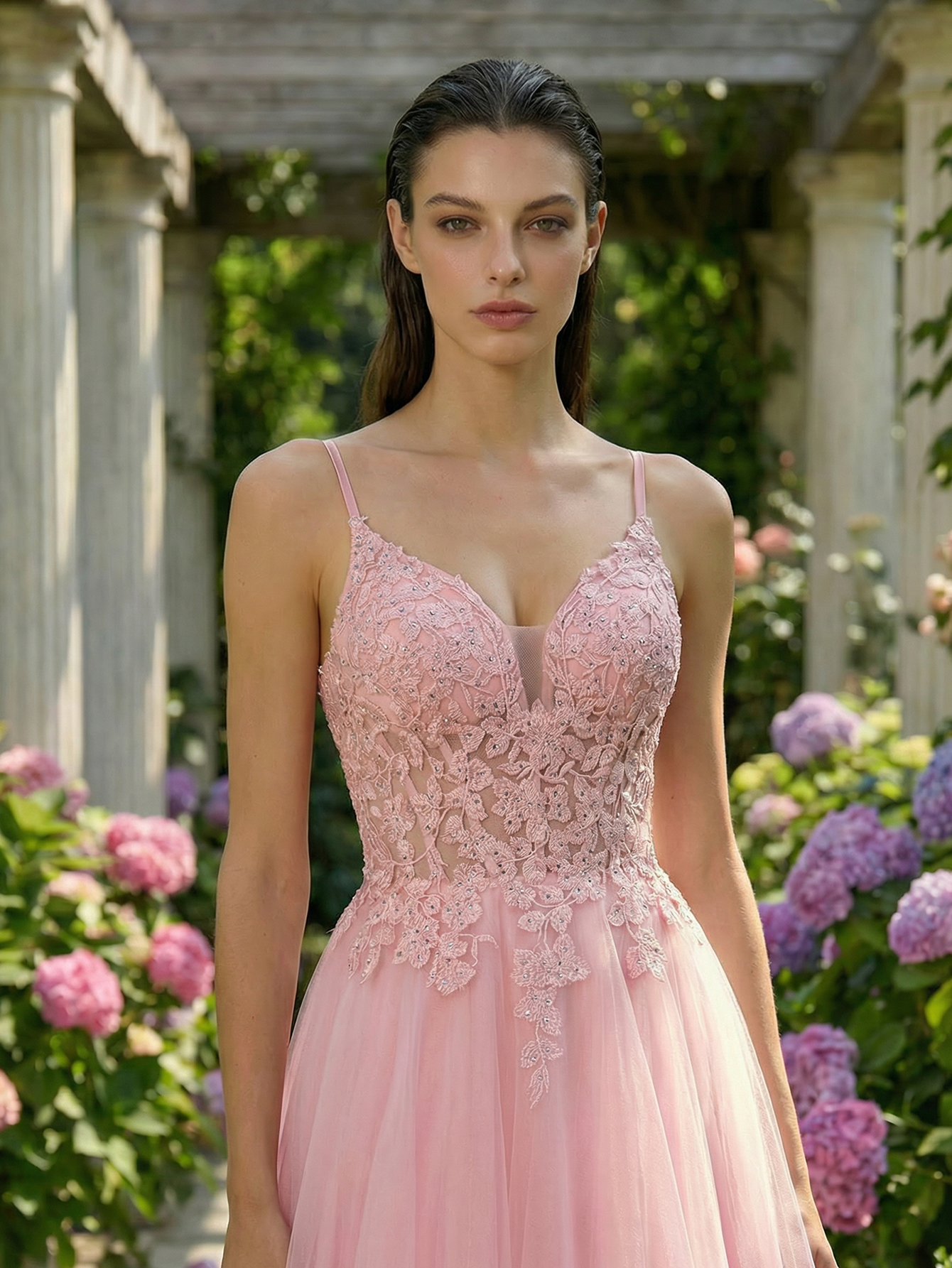 A-line Sleeveless Tulle Long Prom Dress with Appliqued Beading