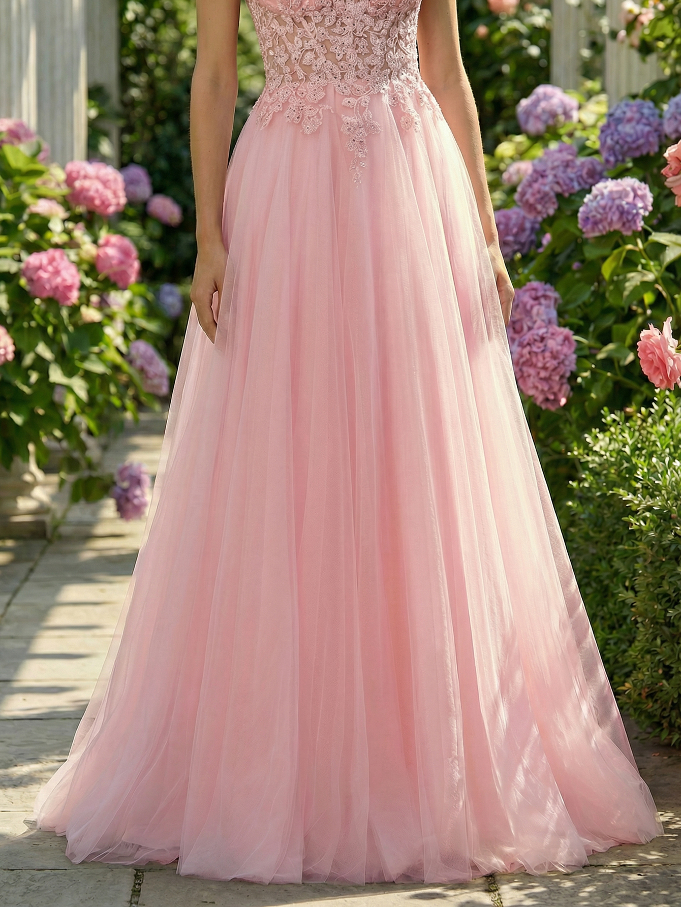 A-line Sleeveless Tulle Long Prom Dress with Appliqued Beading