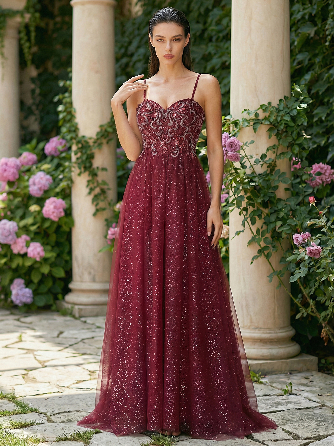 A-line Sleeveless Tulle Long Prom Dress with Beading