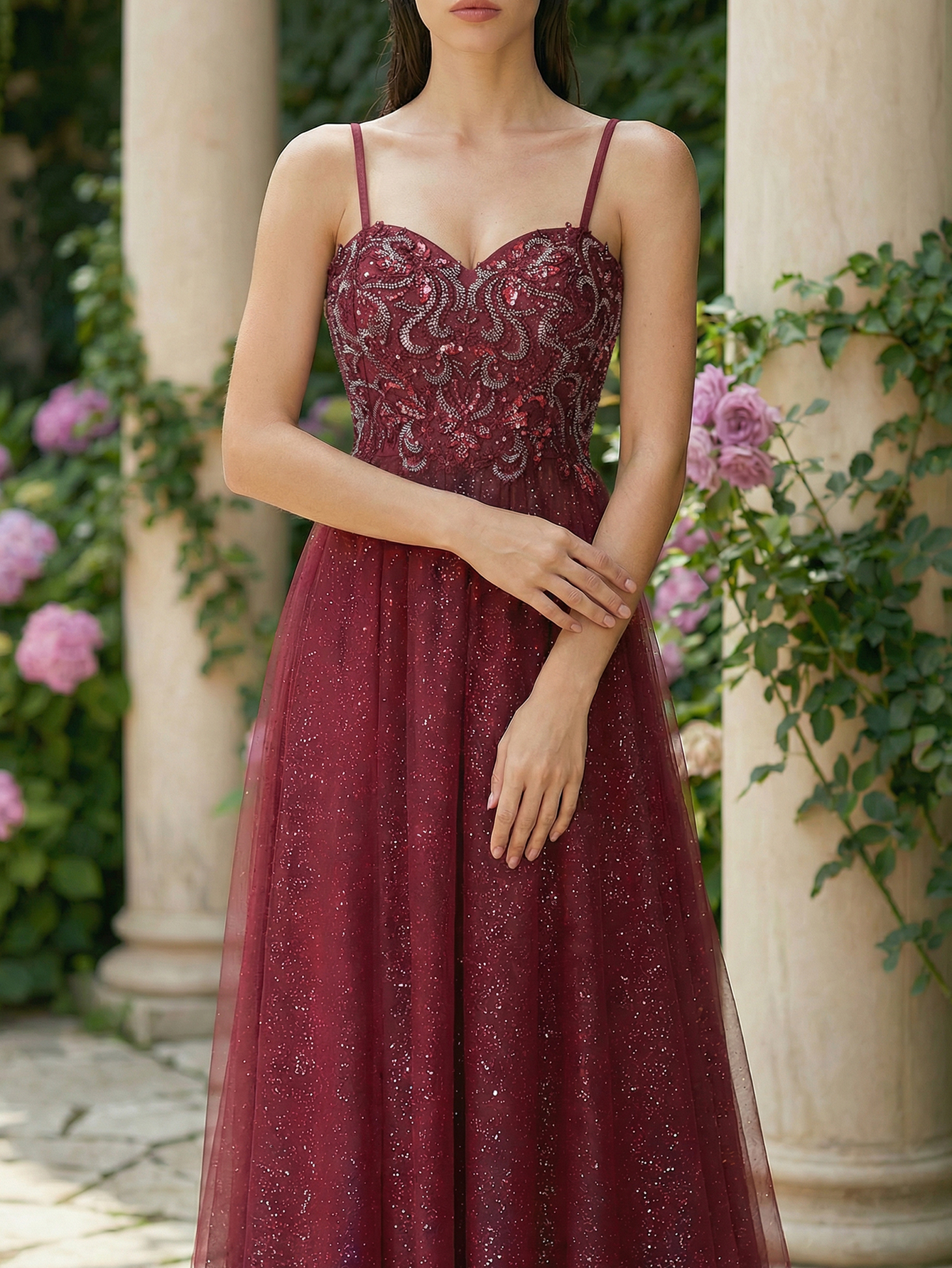 A-line Sleeveless Tulle Long Prom Dress with Beading