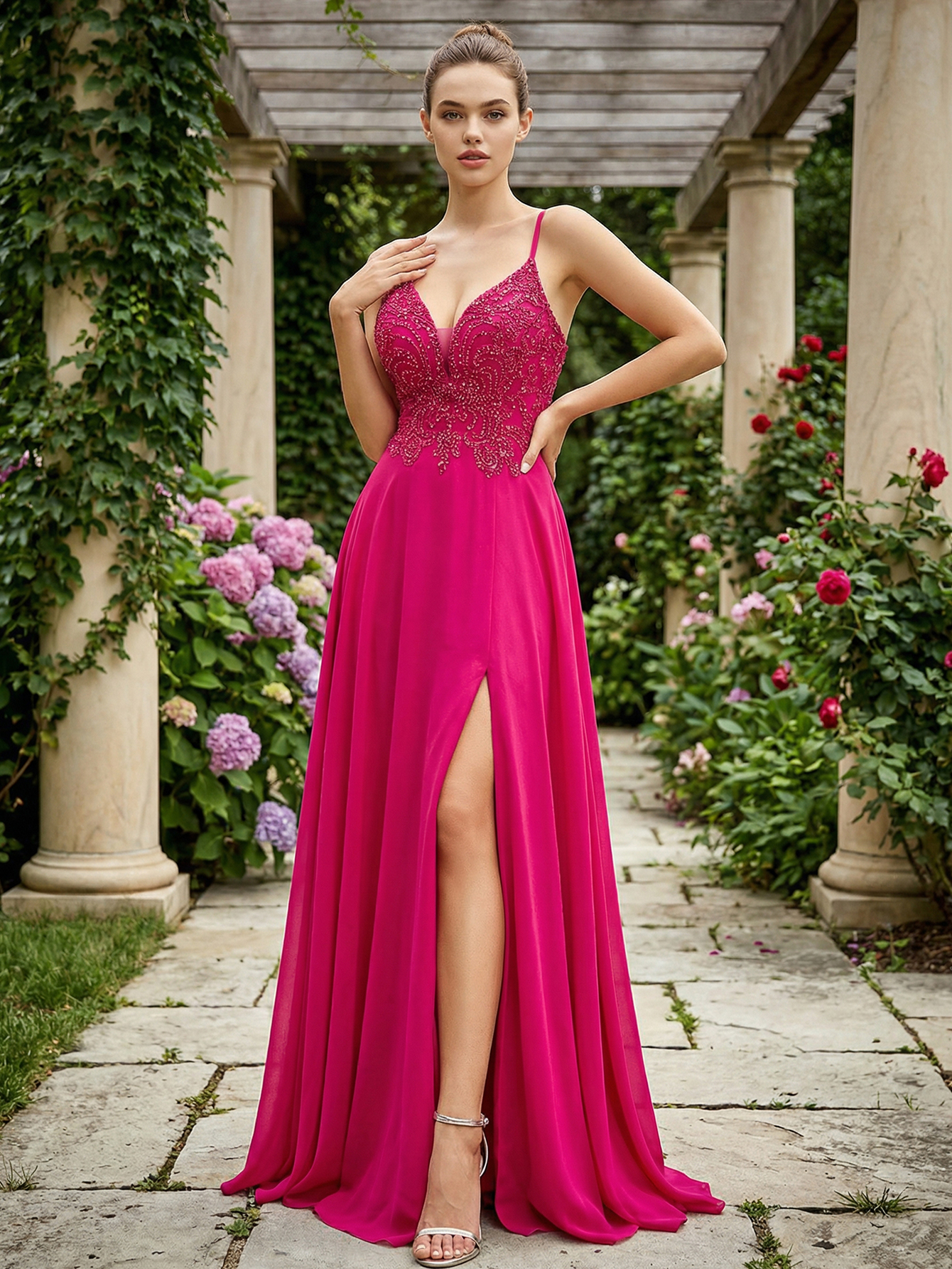 A-line Spaghetti Straps Chiffon Long Prom Dress with Beading