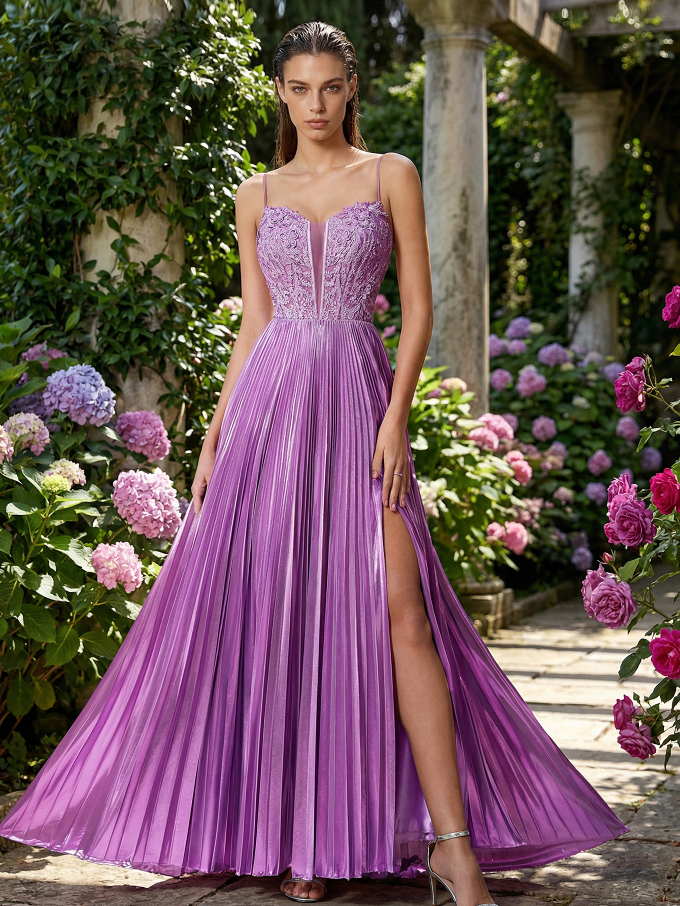 A-line Spaghetti Straps Long Prom Dress with Pleated