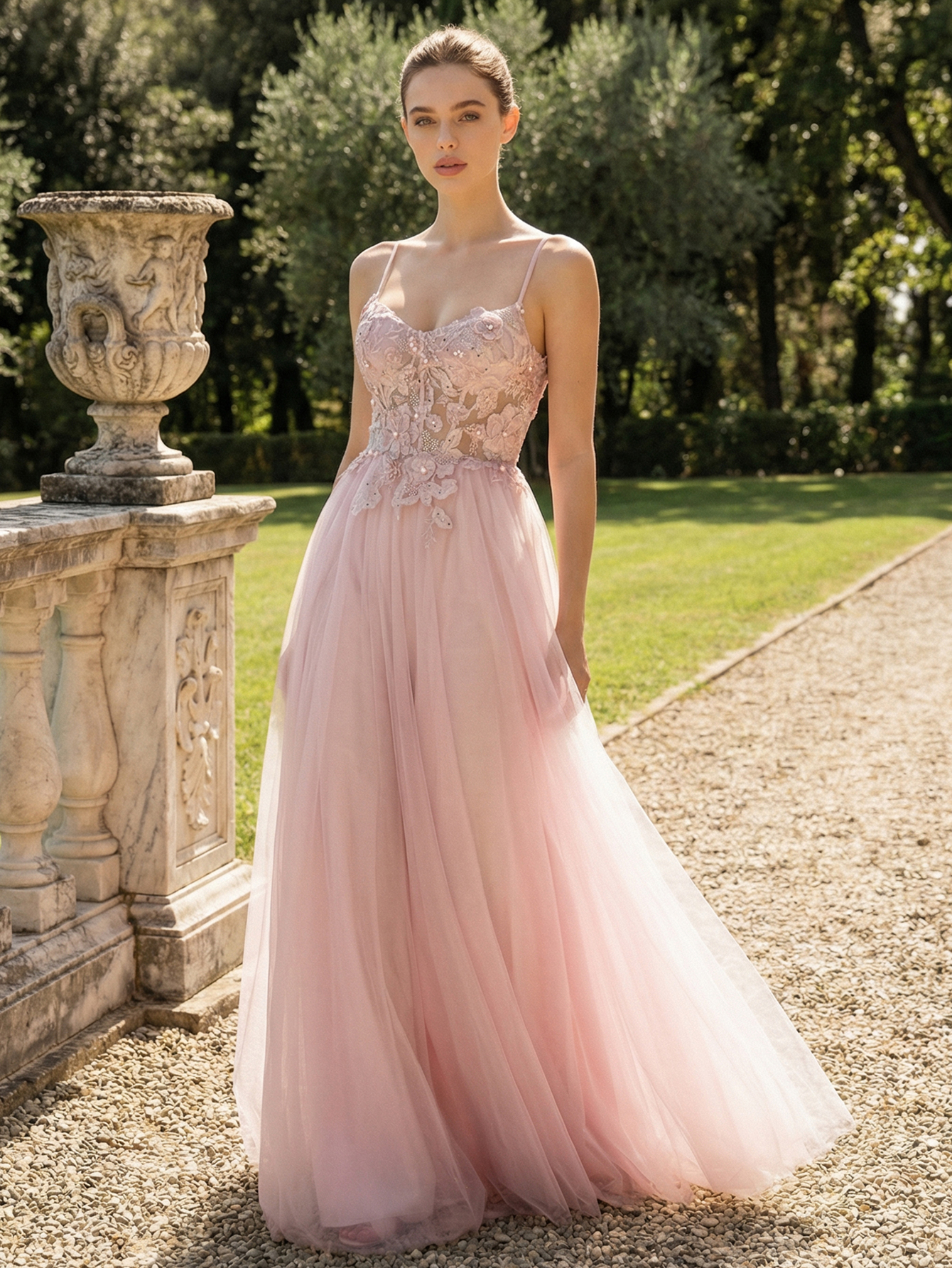 A-line Spaghetti Straps Sleeveless Tulle Long Prom Dress with 3D Appliqued