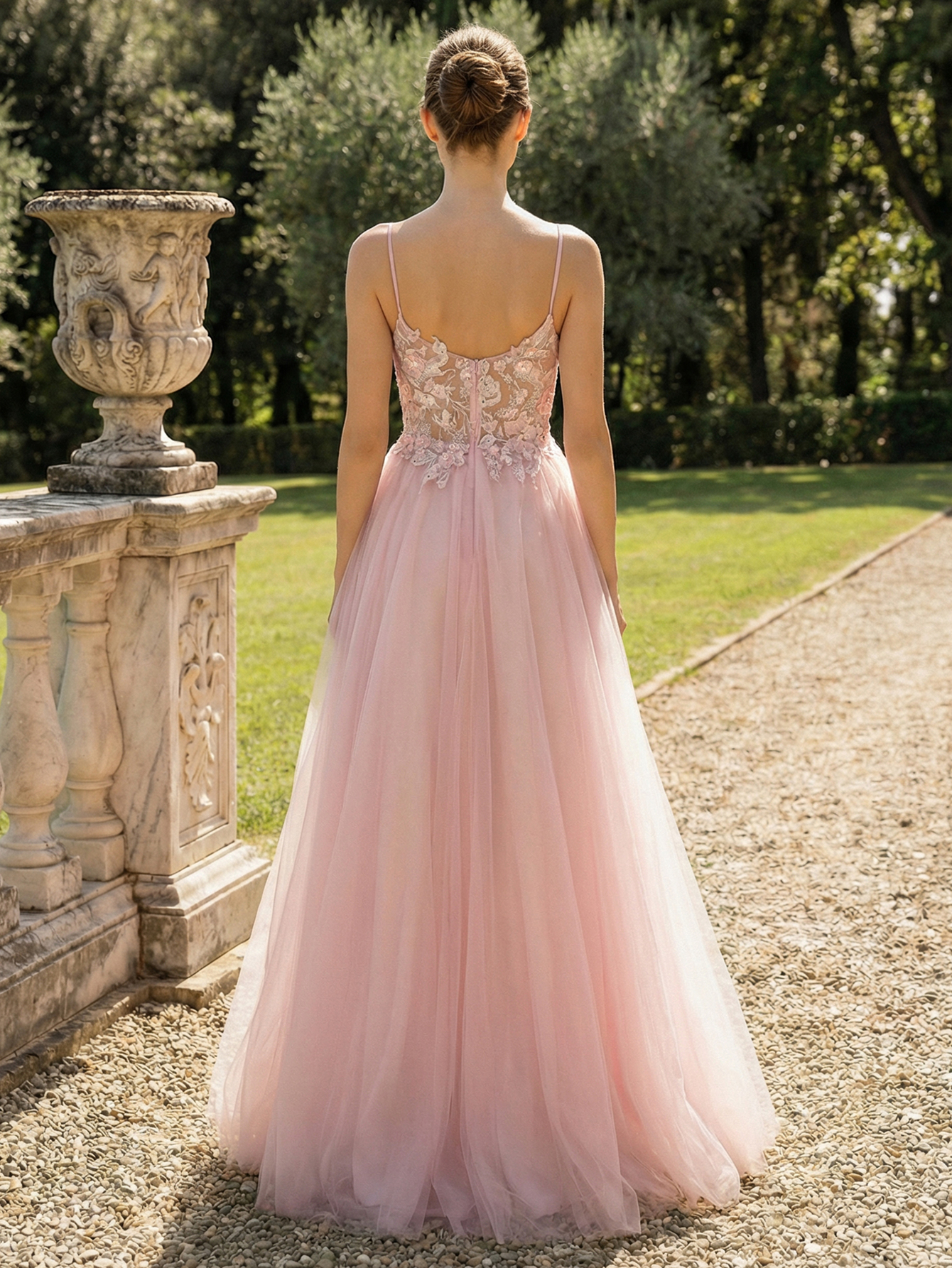 A-line Spaghetti Straps Sleeveless Tulle Long Prom Dress with 3D Appliqued