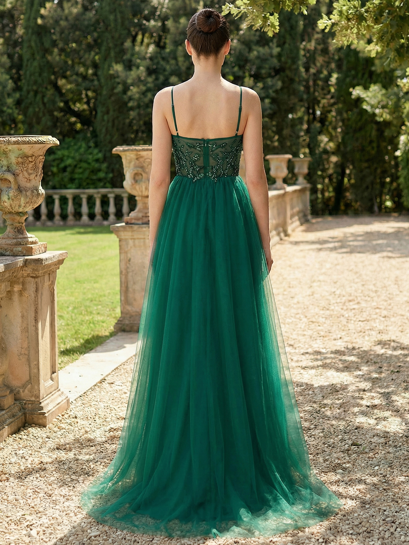 A-line Spaghetti Straps Sleeveless Tulle Long Prom Dress with 3D Beading