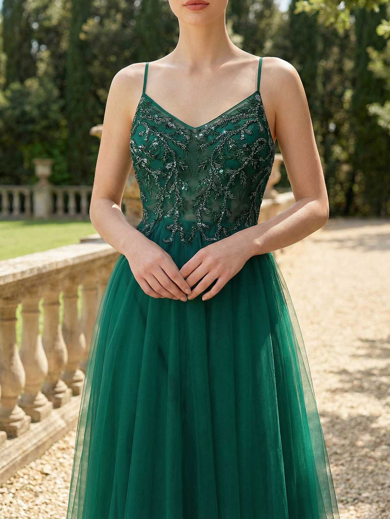 A-line Spaghetti Straps Sleeveless Tulle Long Prom Dress with 3D Beading