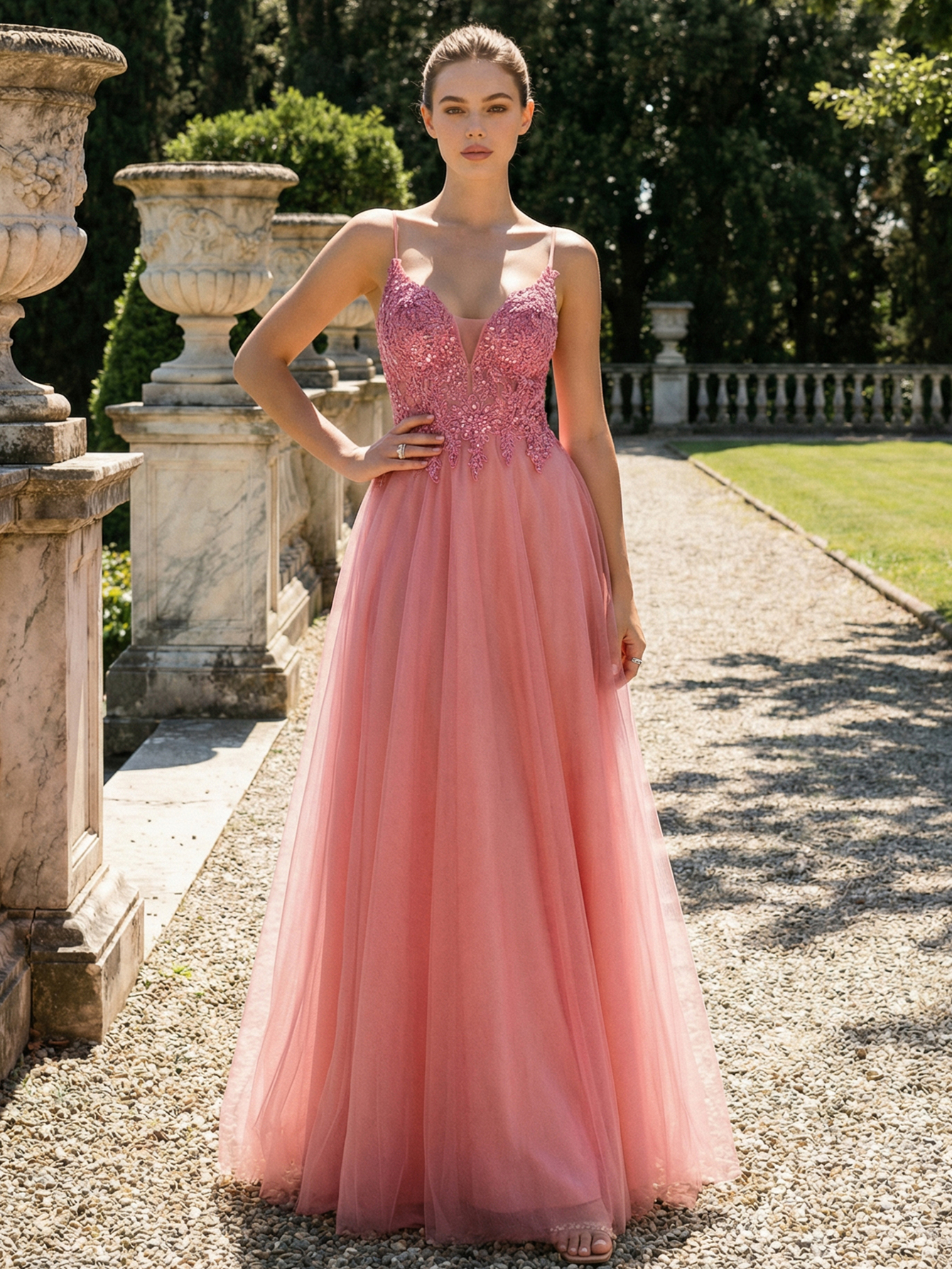 A-line Spaghetti Straps Sleeveless Tulle Long Prom Dress with Appliqued Beading