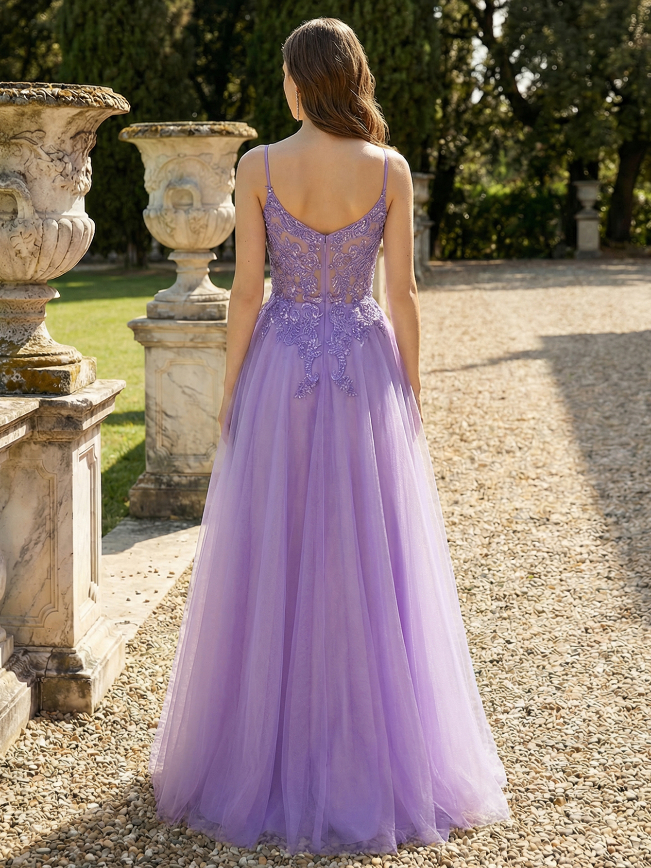 A-line Spaghetti Straps Sleeveless Tulle Long Prom Dress with Appliqued Beading