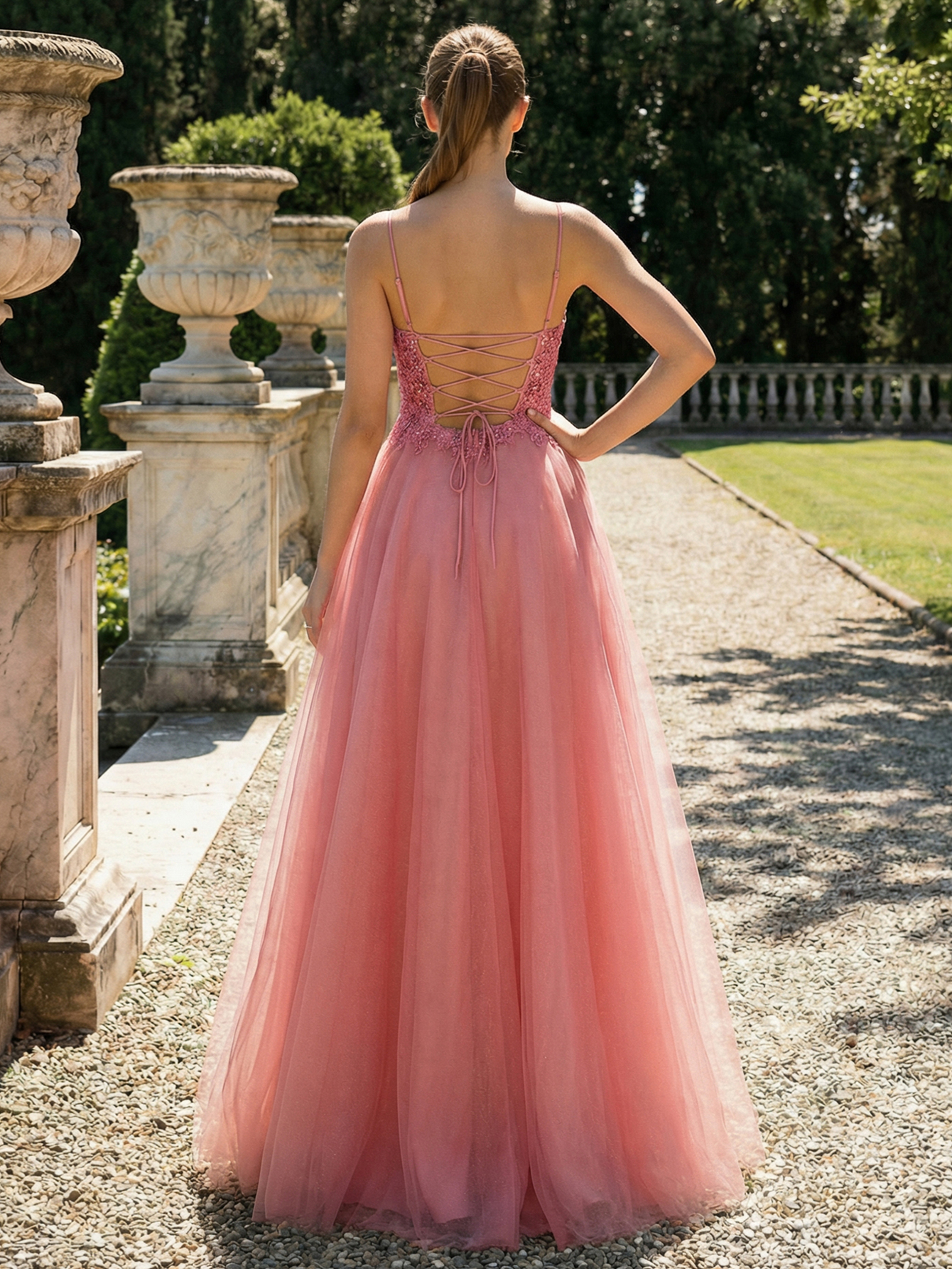 A-line Spaghetti Straps Sleeveless Tulle Long Prom Dress with Appliqued Beading