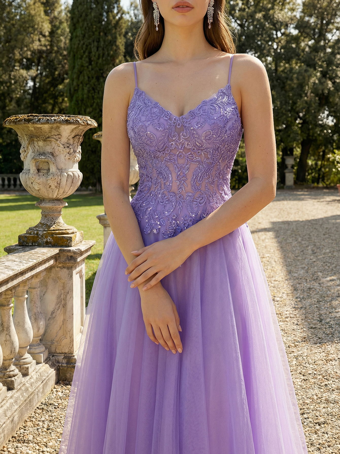 A-line Spaghetti Straps Sleeveless Tulle Long Prom Dress with Appliqued Beading