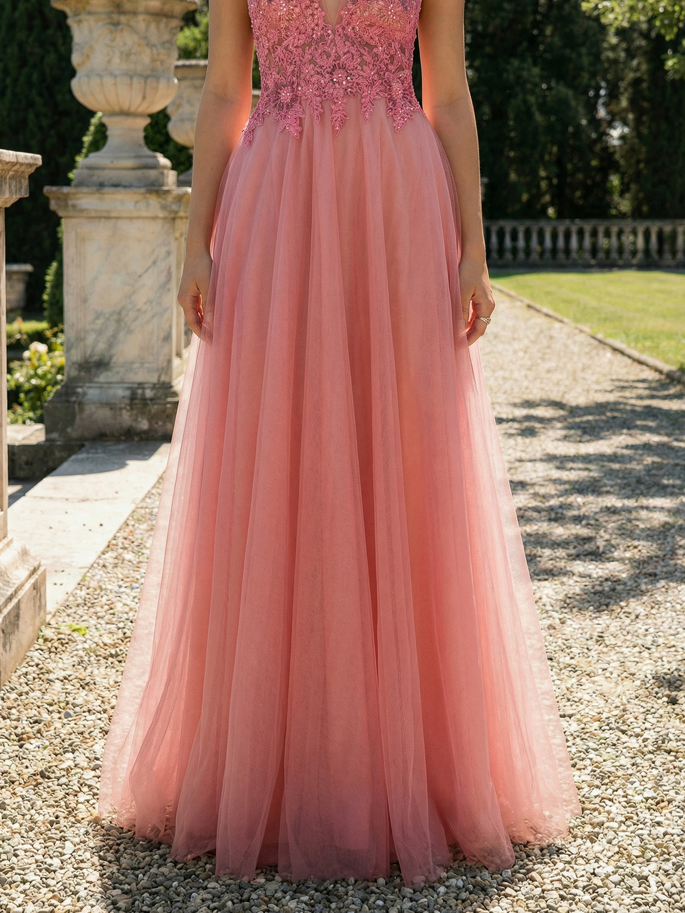 A-line Spaghetti Straps Sleeveless Tulle Long Prom Dress with Appliqued Beading