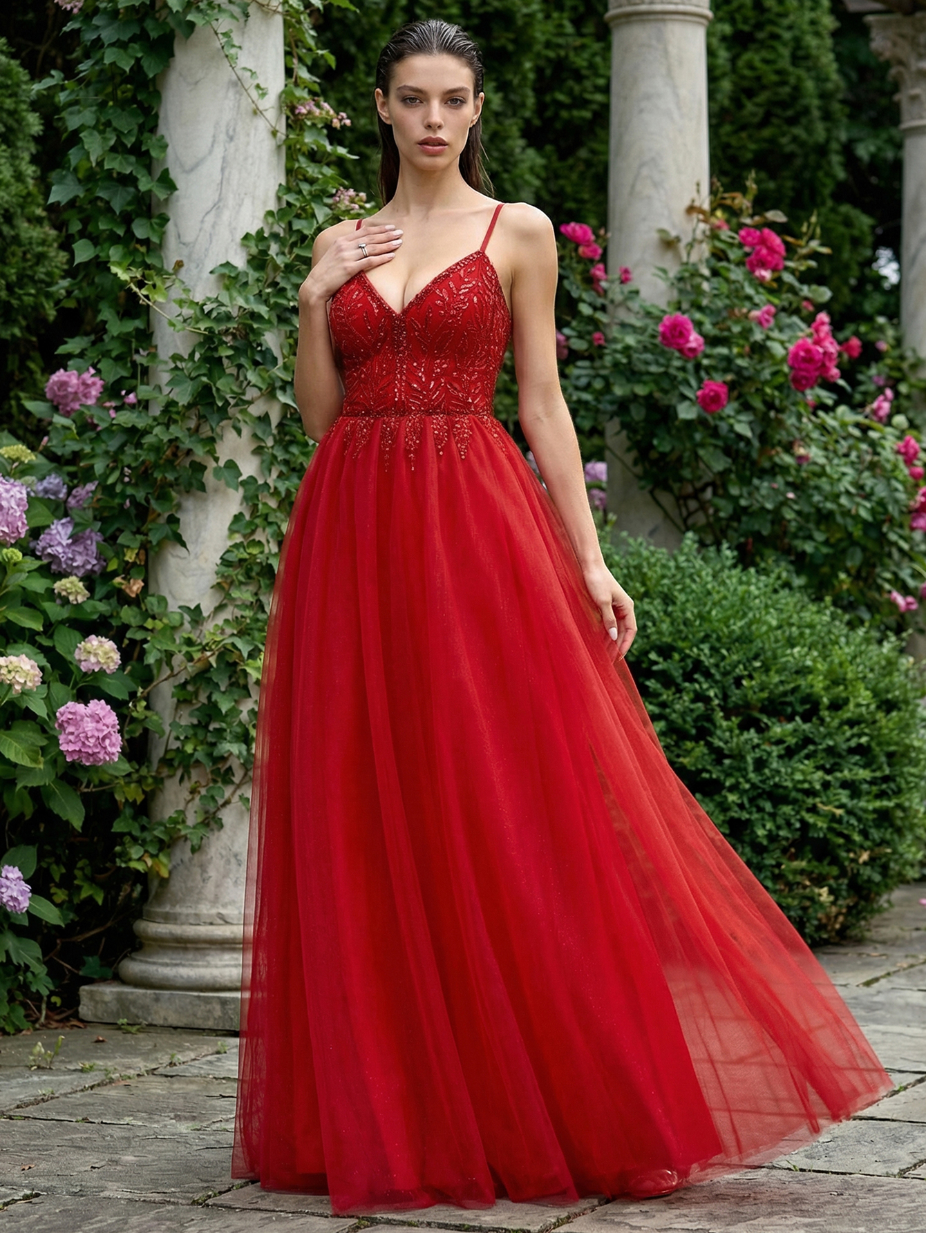 A-line Spaghetti Straps Tulle Long Prom Dress with Beading