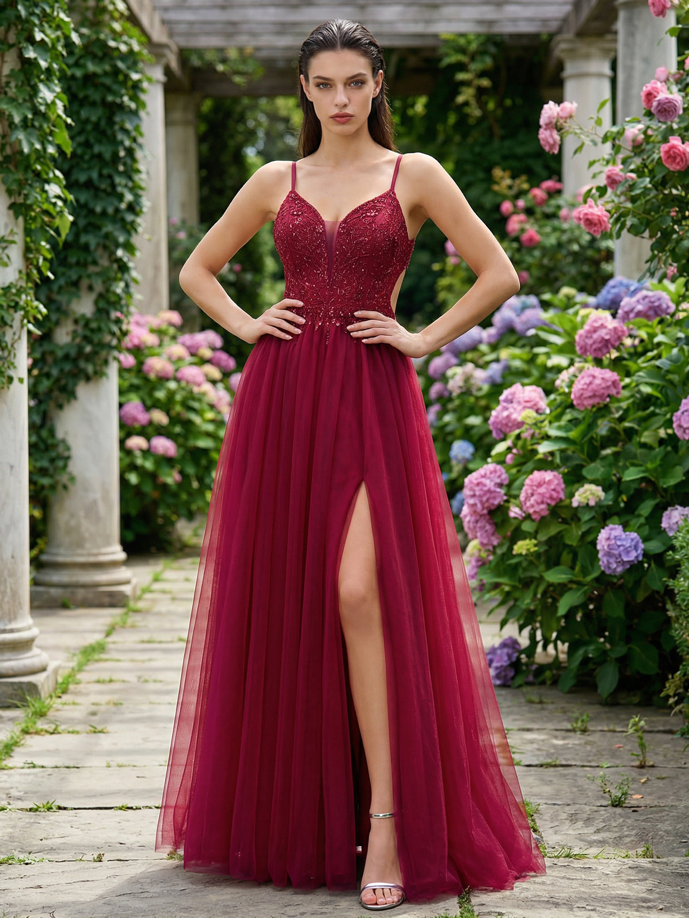 A-line Spaghetti Straps Tulle Long Prom Dress with Beading