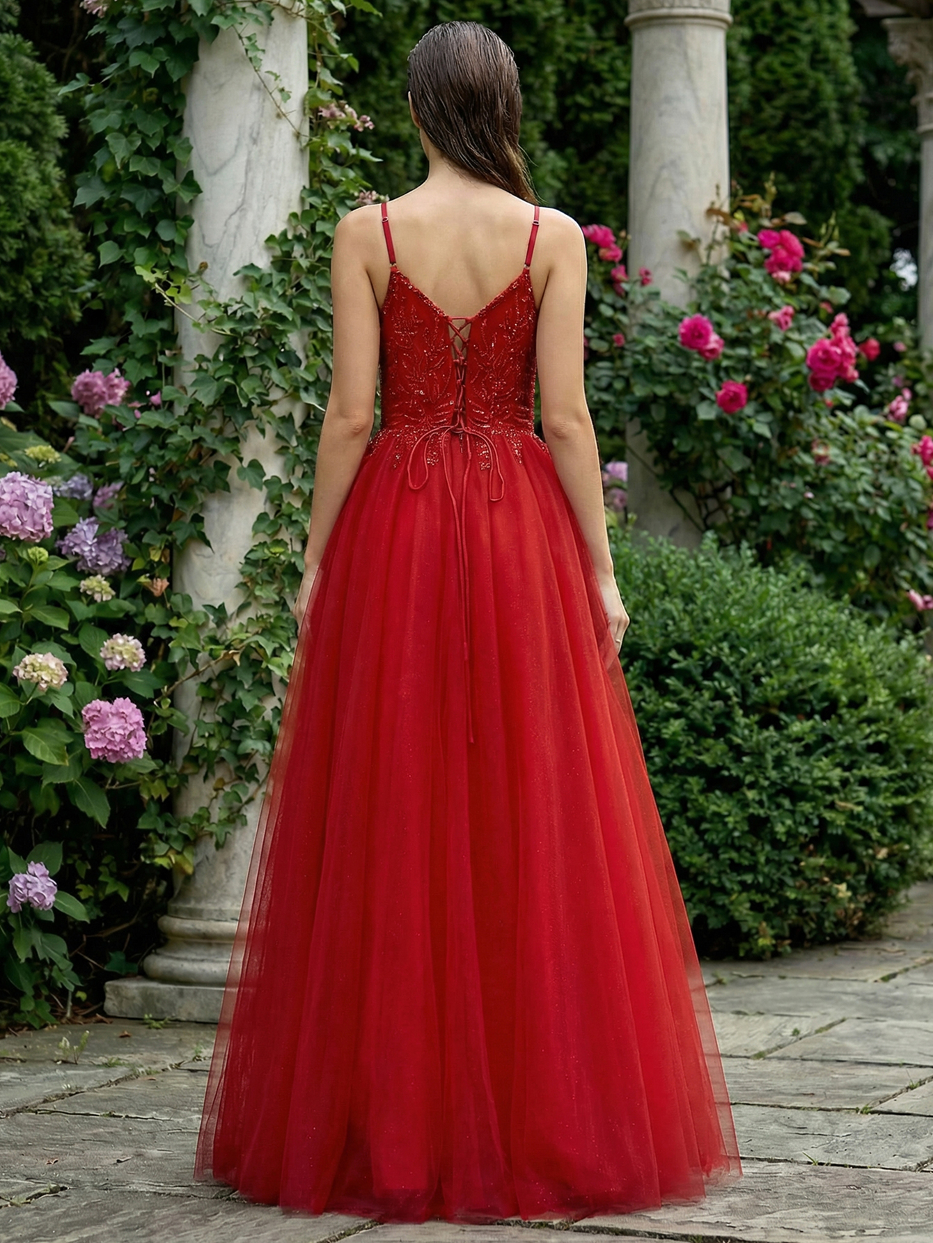 A-line Spaghetti Straps Tulle Long Prom Dress with Beading