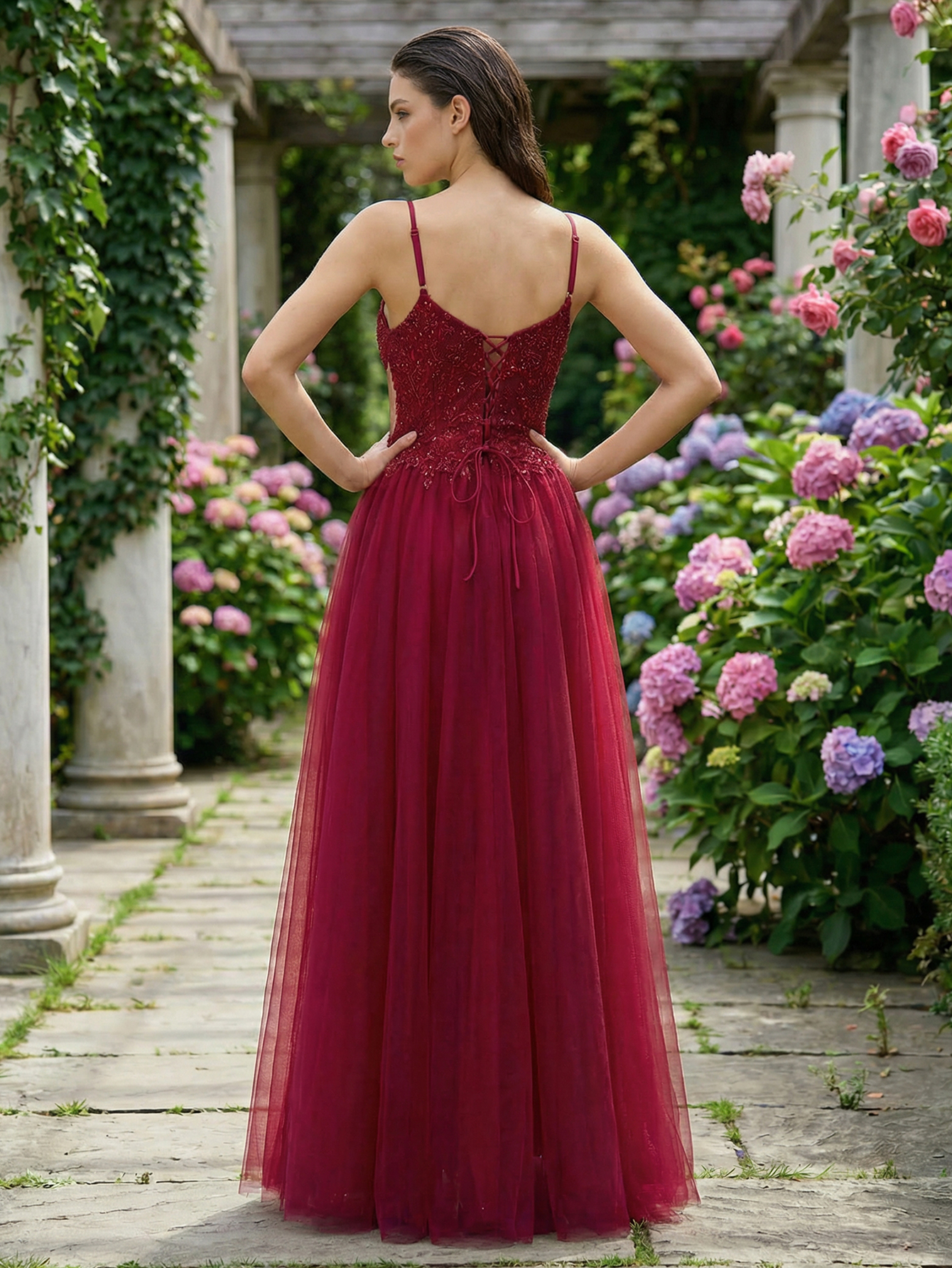 A-line Spaghetti Straps Tulle Long Prom Dress with Beading