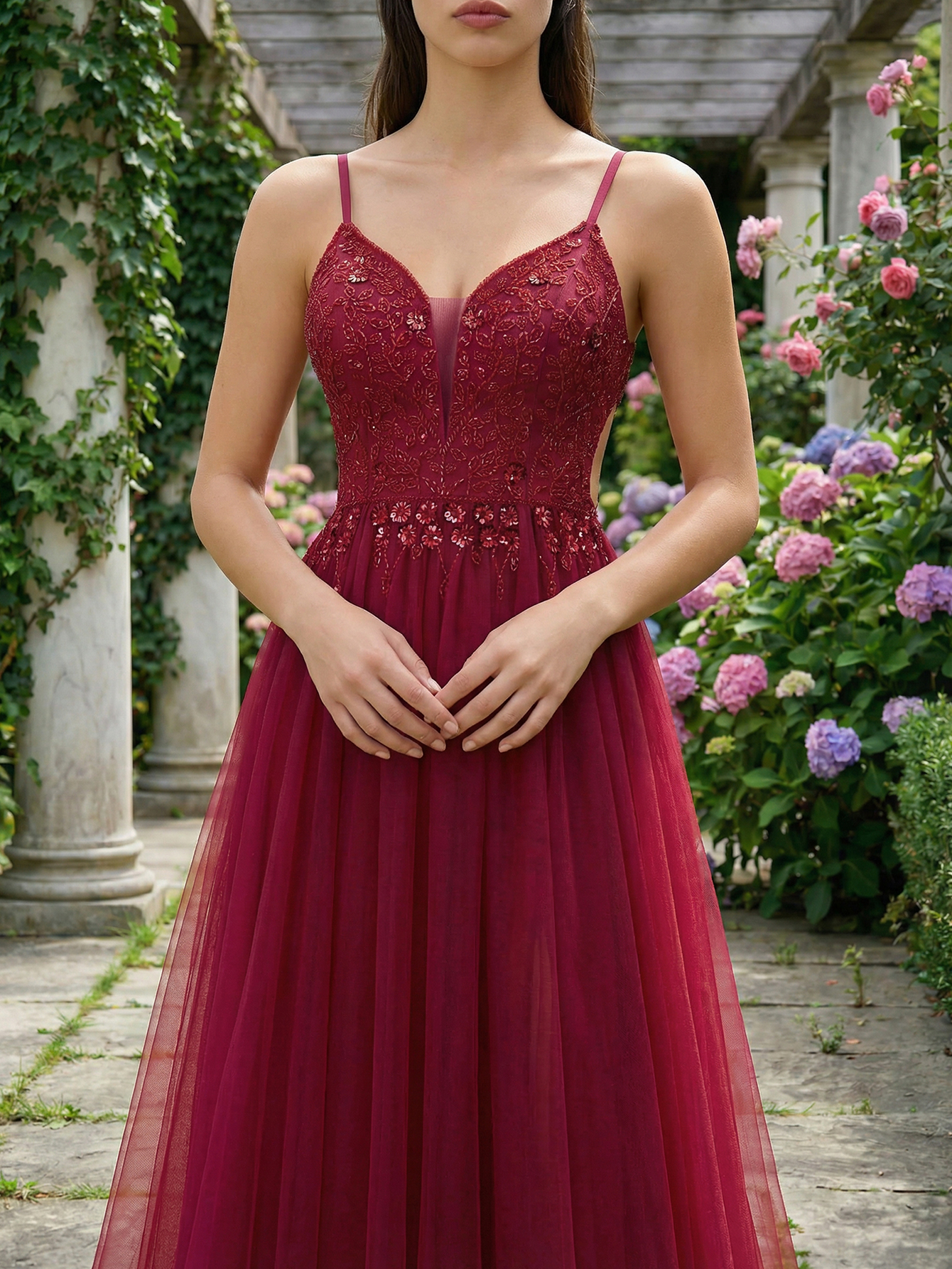 A-line Spaghetti Straps Tulle Long Prom Dress with Beading
