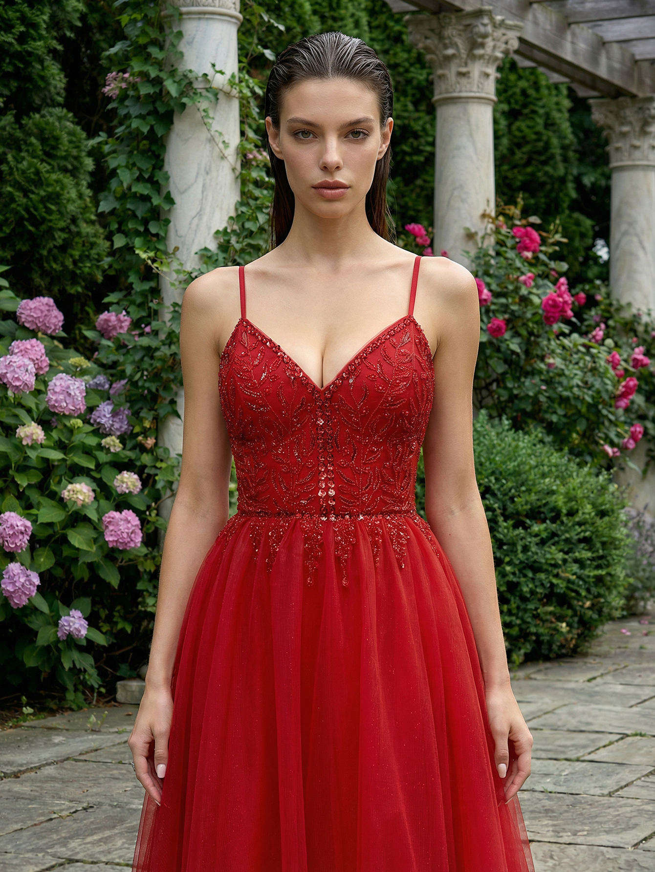 A-line Spaghetti Straps Tulle Long Prom Dress with Beading