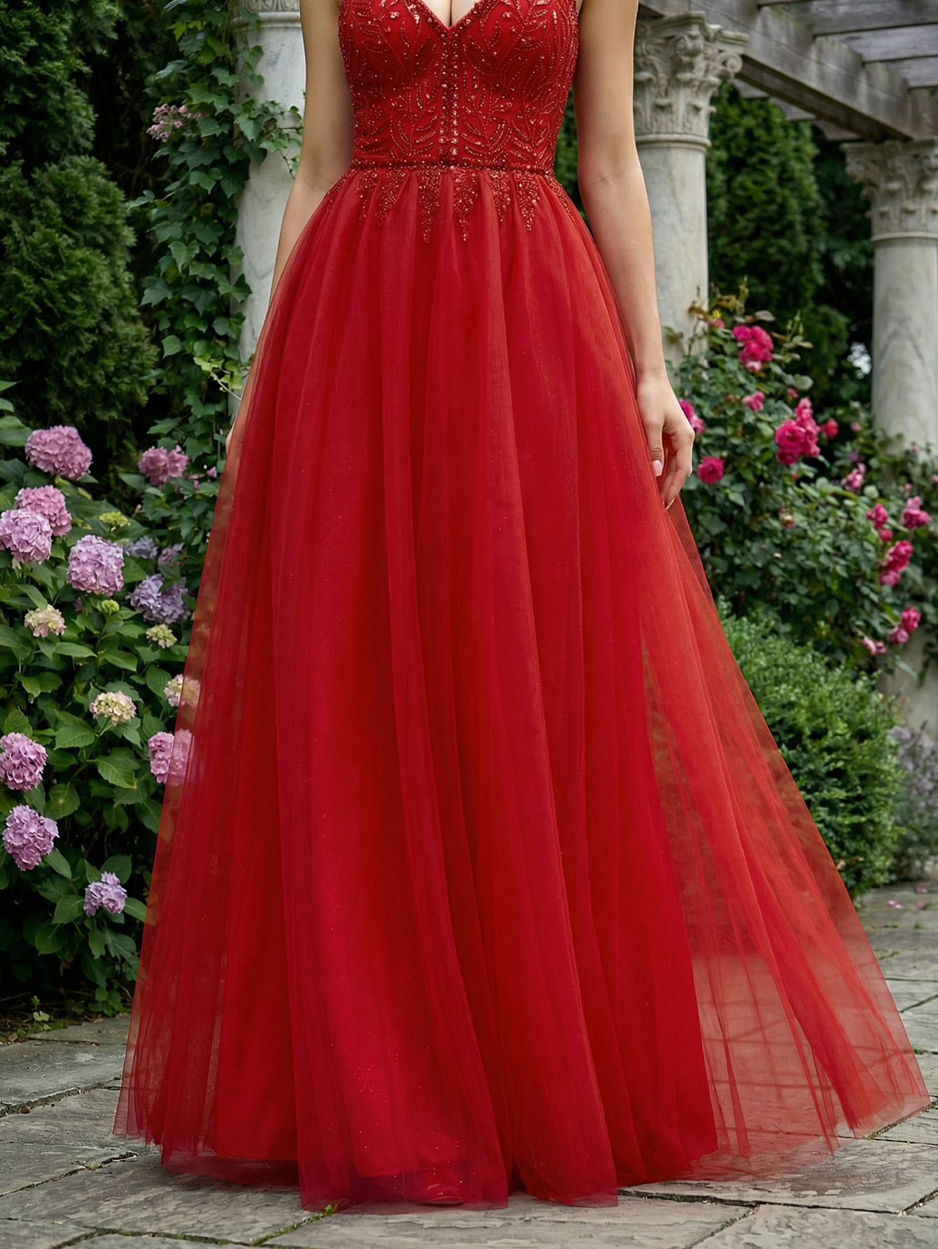 A-line Spaghetti Straps Tulle Long Prom Dress with Beading