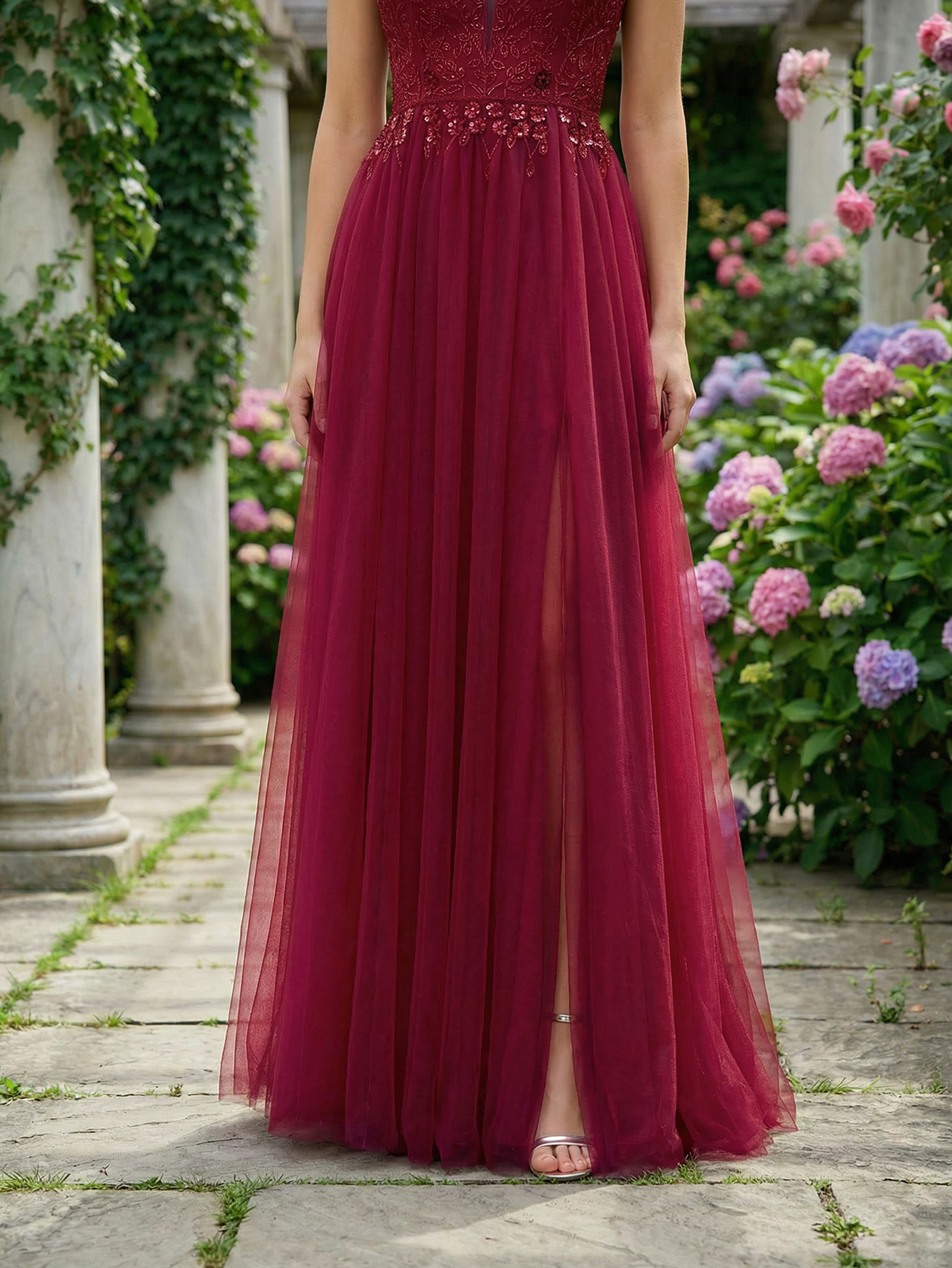 A-line Spaghetti Straps Tulle Long Prom Dress with Beading