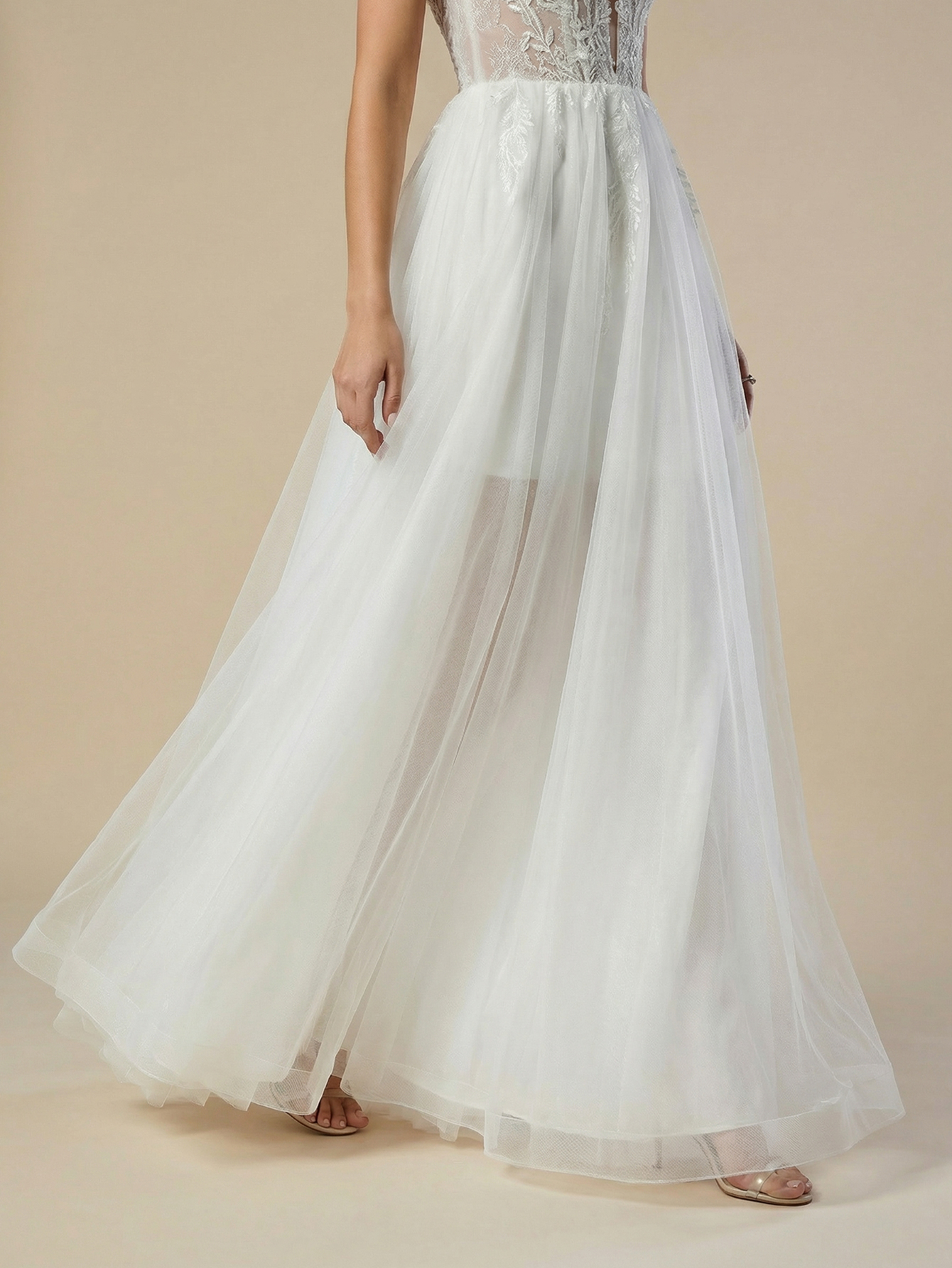 A-line Spaghetti Straps Tulle Wedding Dress with Appliqued Beading