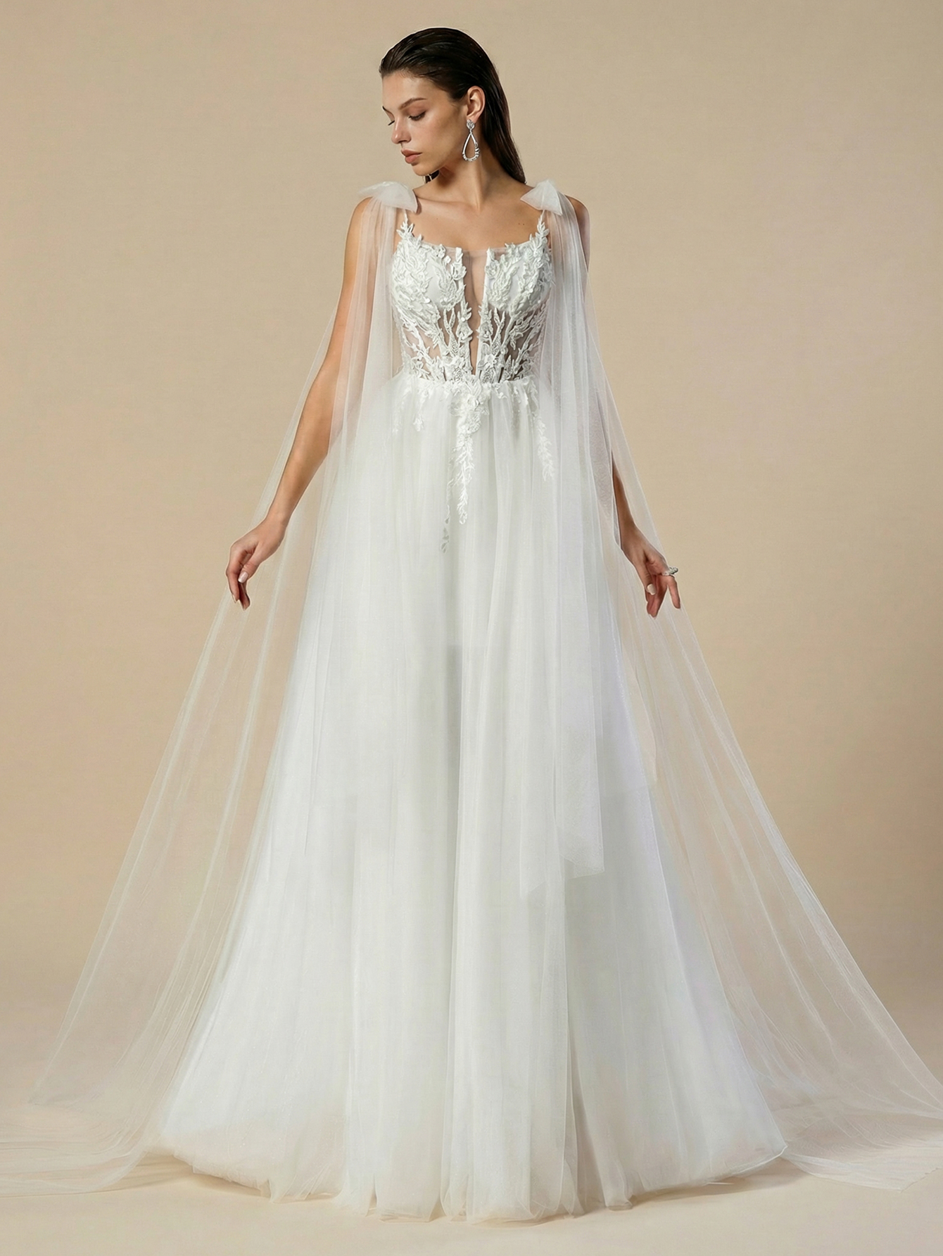 A-line Spaghetti Straps Tulle Wedding Dress with Appliqued Beading
