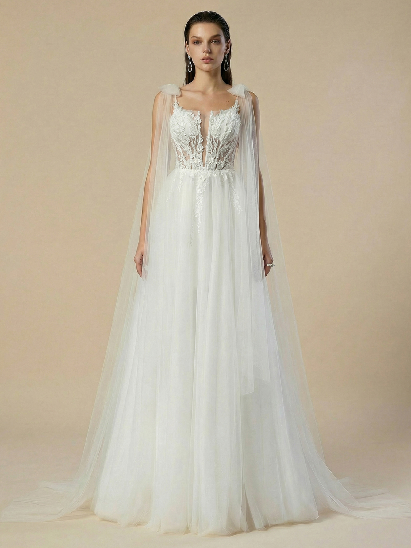 A-line Spaghetti Straps Tulle Wedding Dress with Appliqued Beading