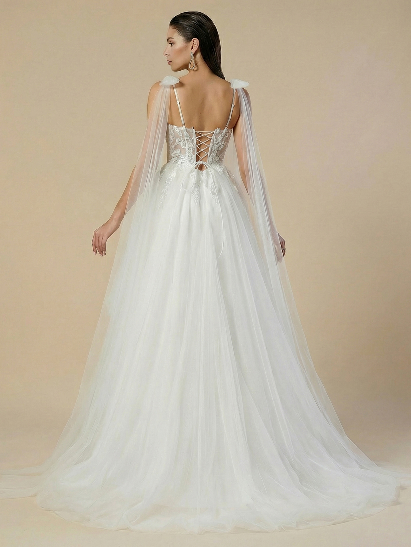 A-line Spaghetti Straps Tulle Wedding Dress with Appliqued Beading