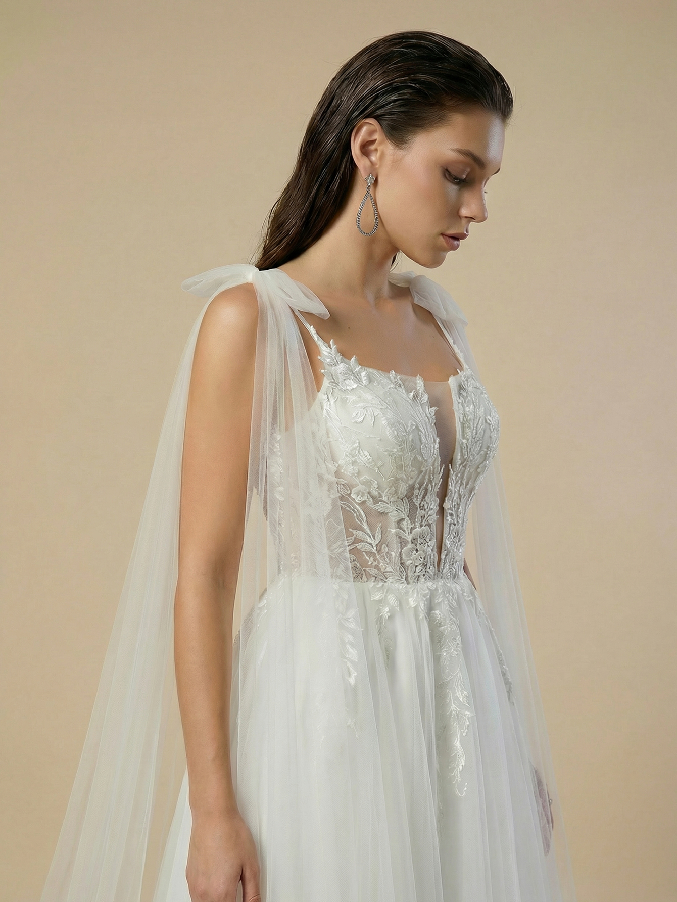 A-line Spaghetti Straps Tulle Wedding Dress with Appliqued Beading