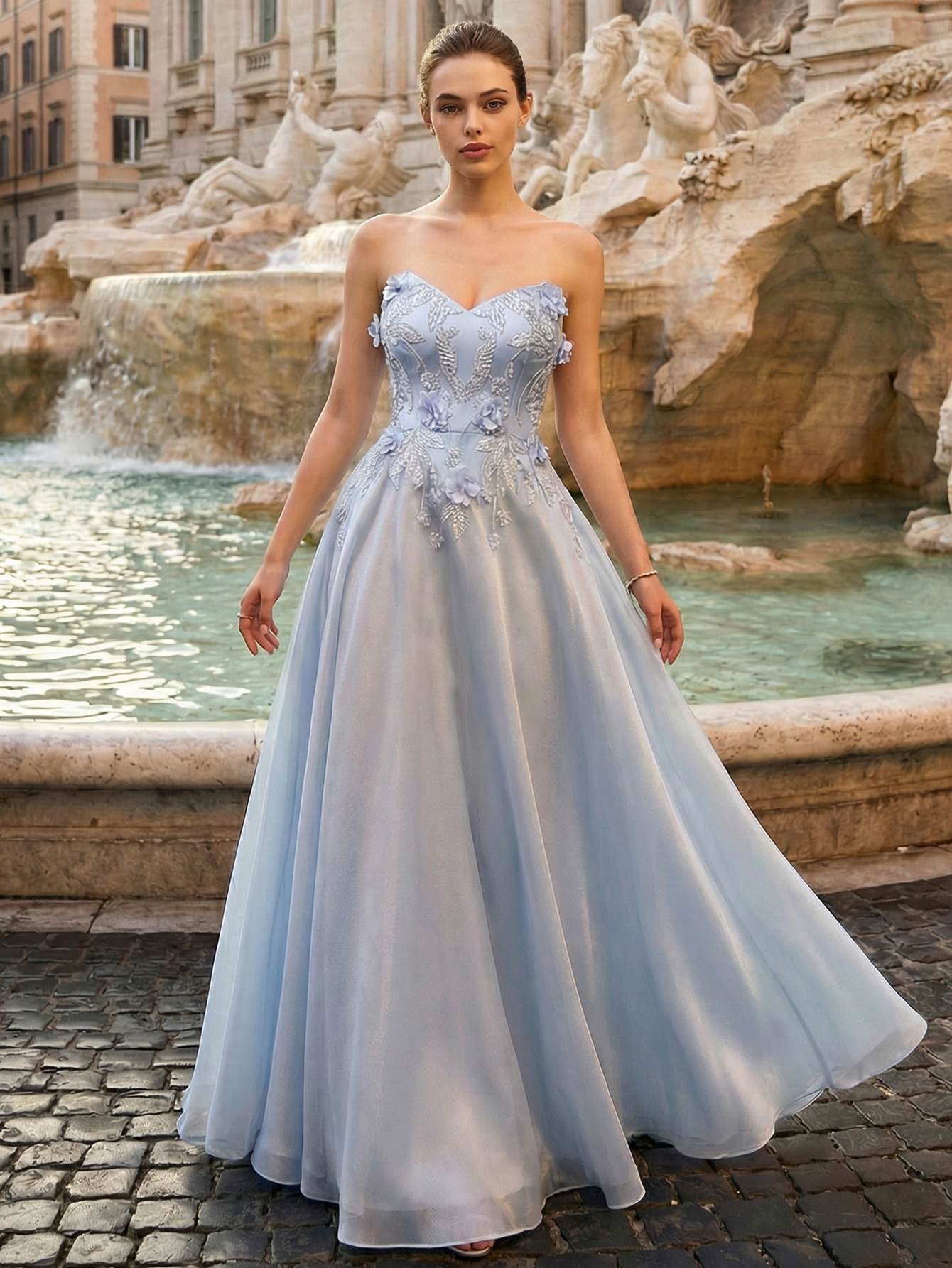 A-line Strapless Sleeveless Long Prom Dress with 3D Appliqued